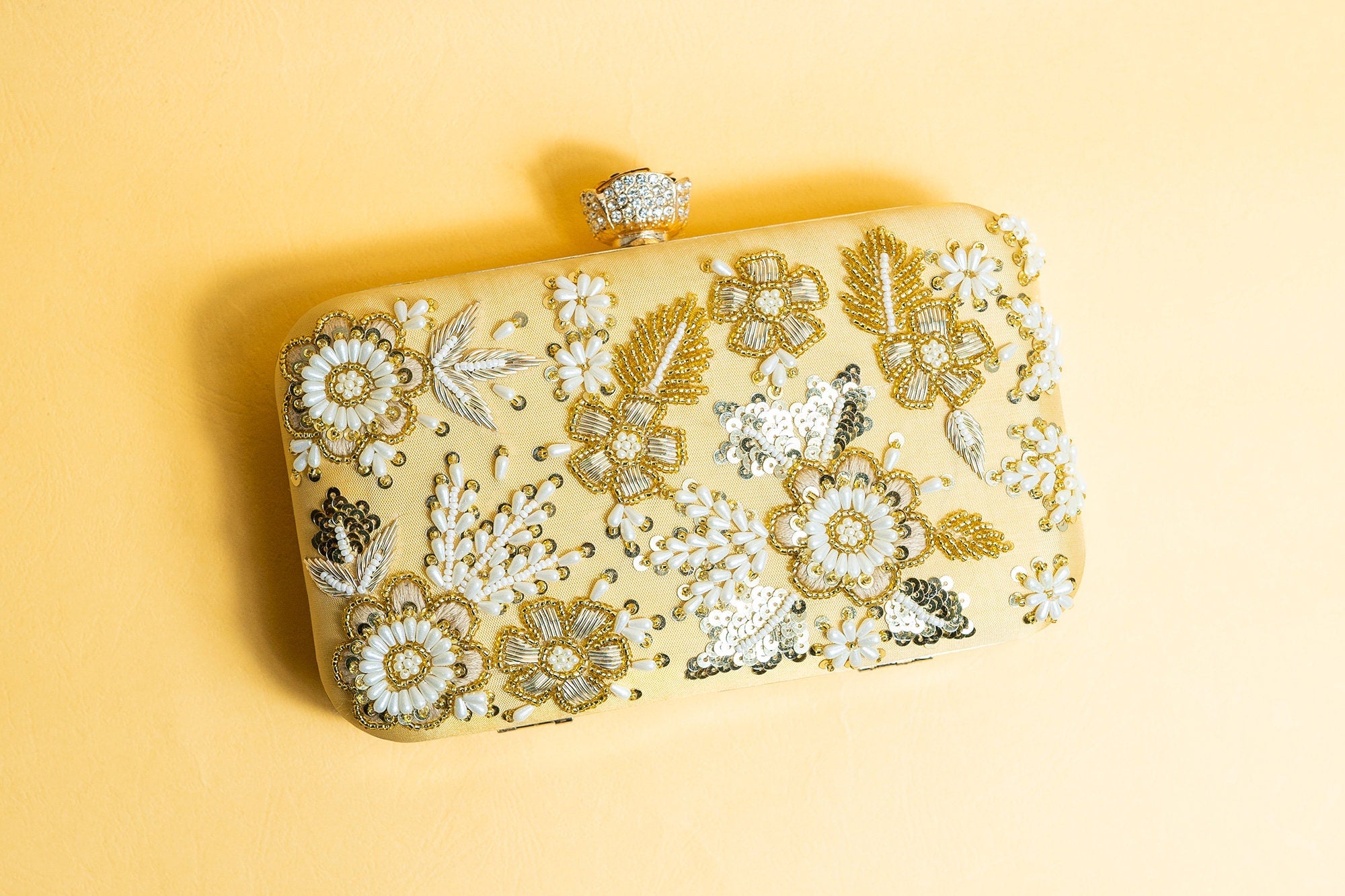 Yellow pearl beads and metal handwork embroidery silk clutch bag detachable sling