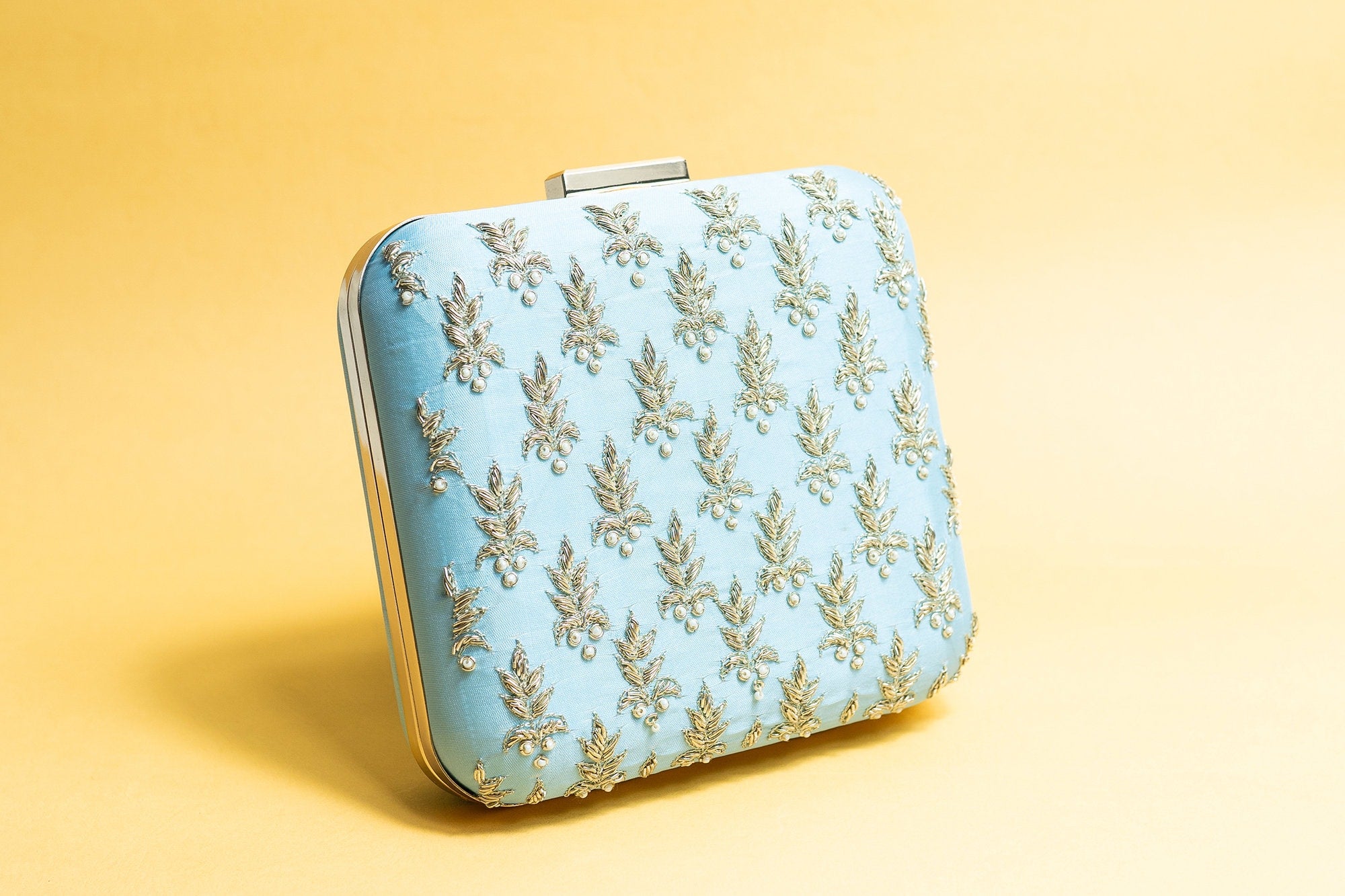 Light Blue square silk clutch purse/bag, hand made embroidery clutch bag with detachable metal sling, perfect gift for her