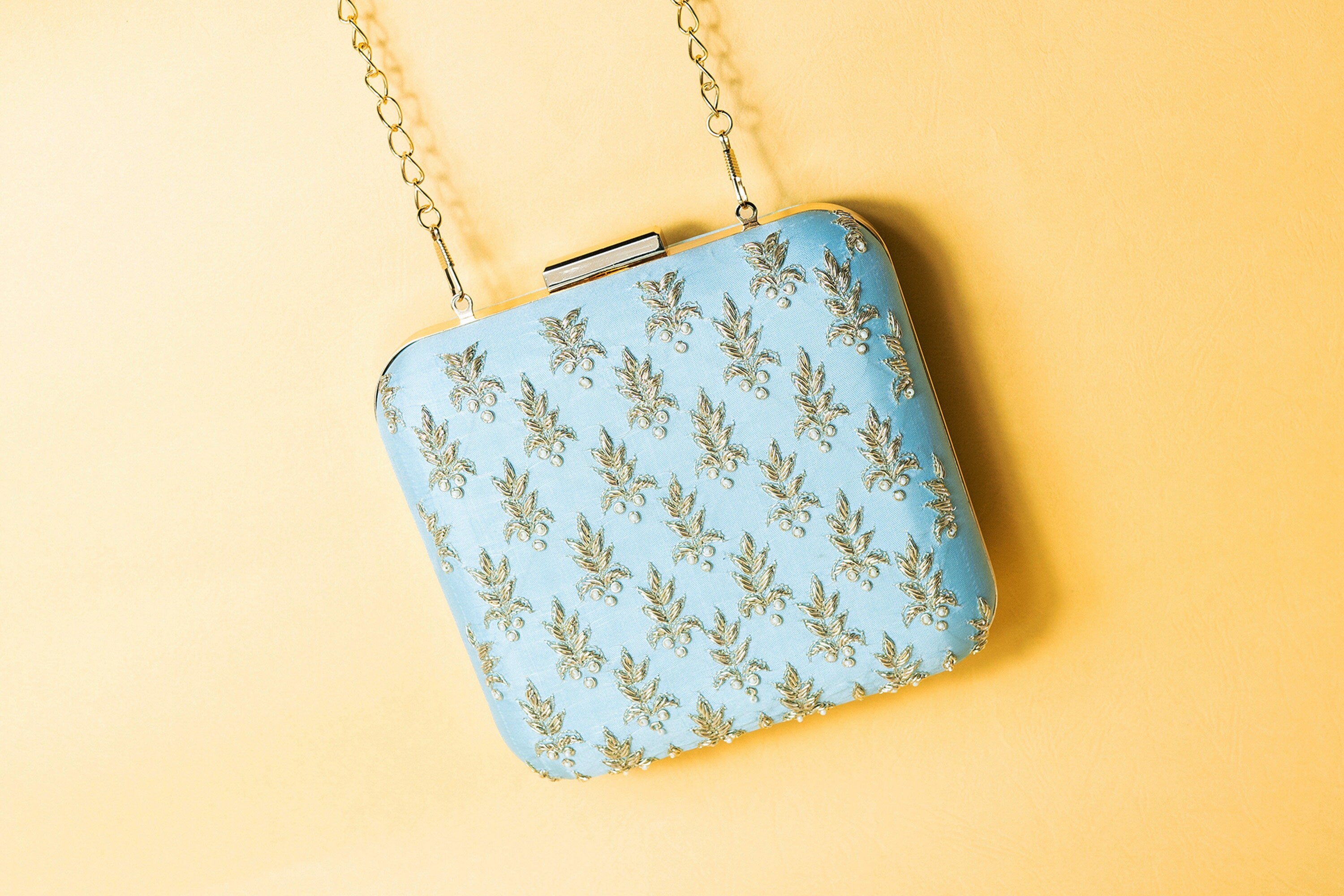 Light Blue square silk clutch purse/bag, hand made embroidery clutch bag with detachable metal sling, perfect gift for her