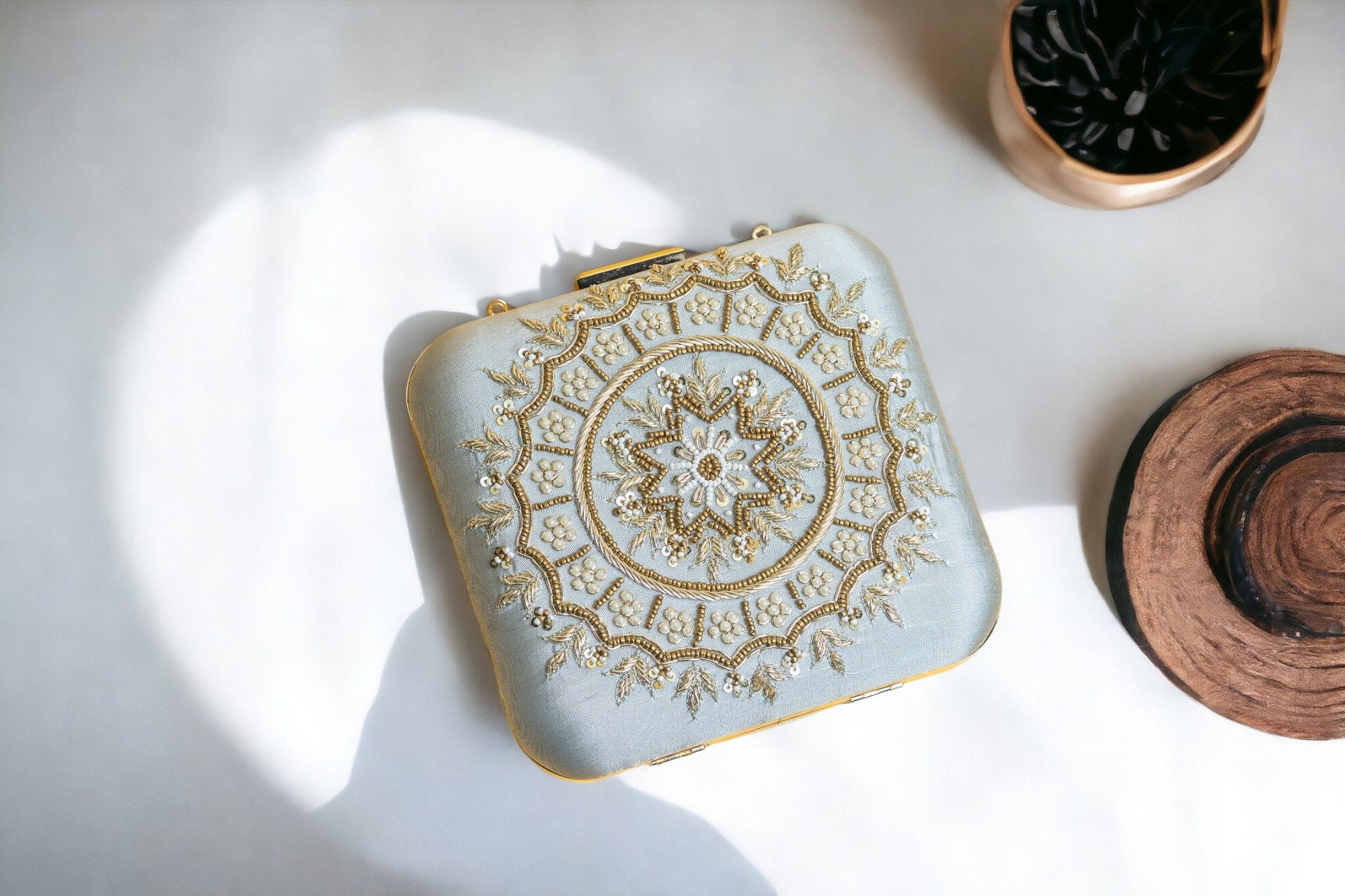 Light grey and bronze square hand made bead embroidery silk clutch bag detachable sling