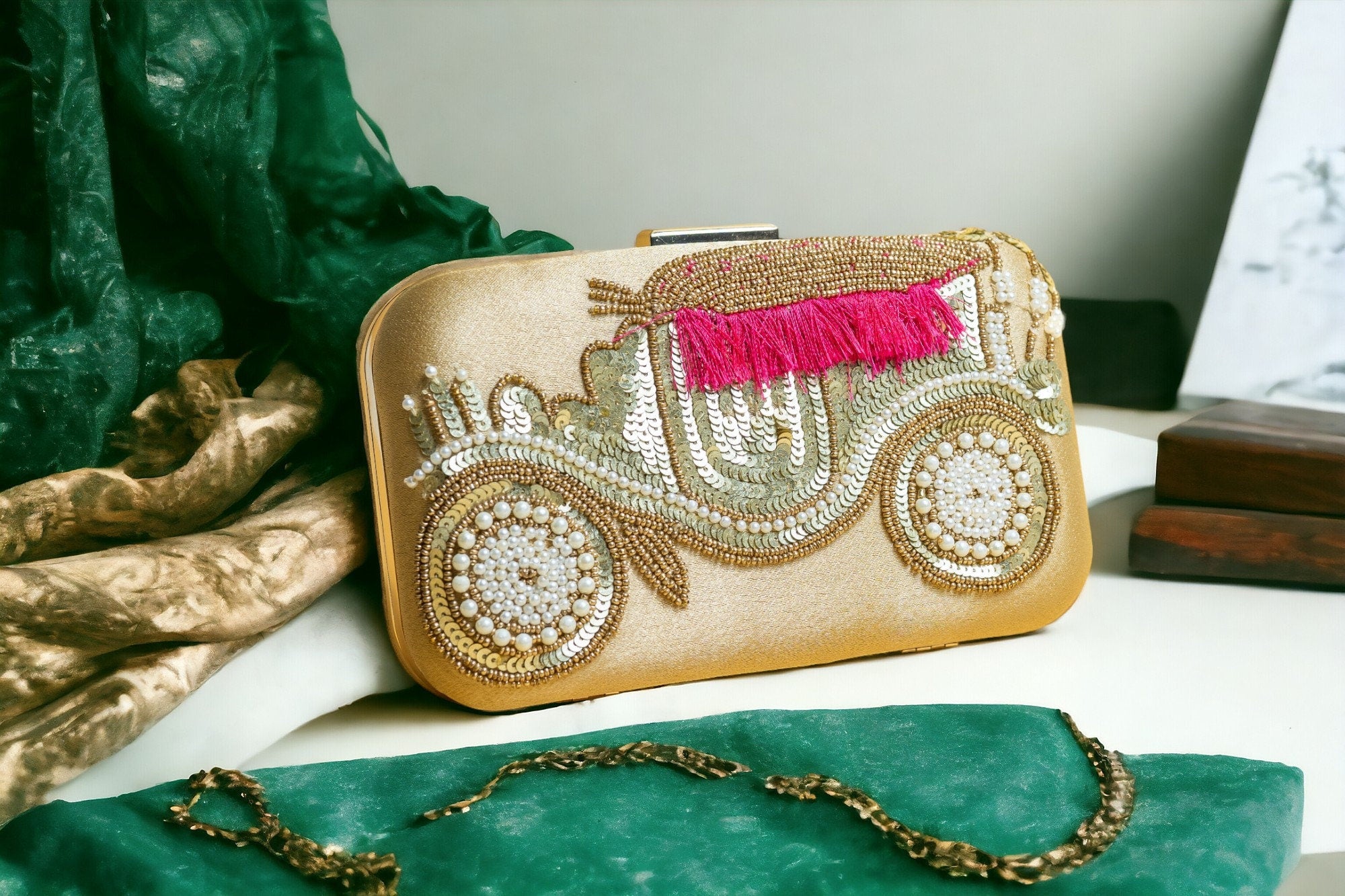 Gold silk clutch purse/bag, hand made embroidery clutch bag with detachable metal sling