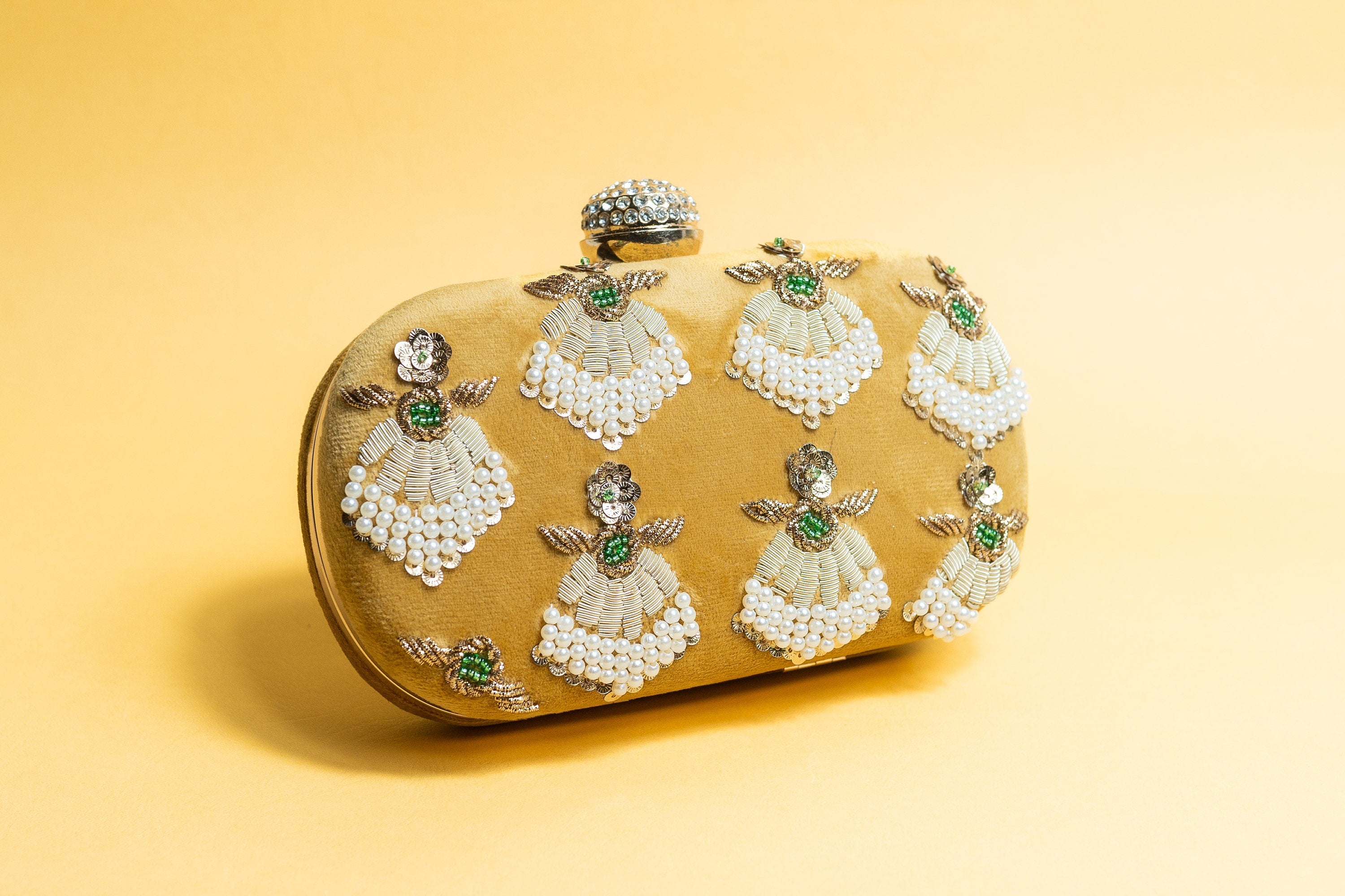 Yellow velvet clutch purse/bag, hand made embroidery clutch bag with detachable metal sling