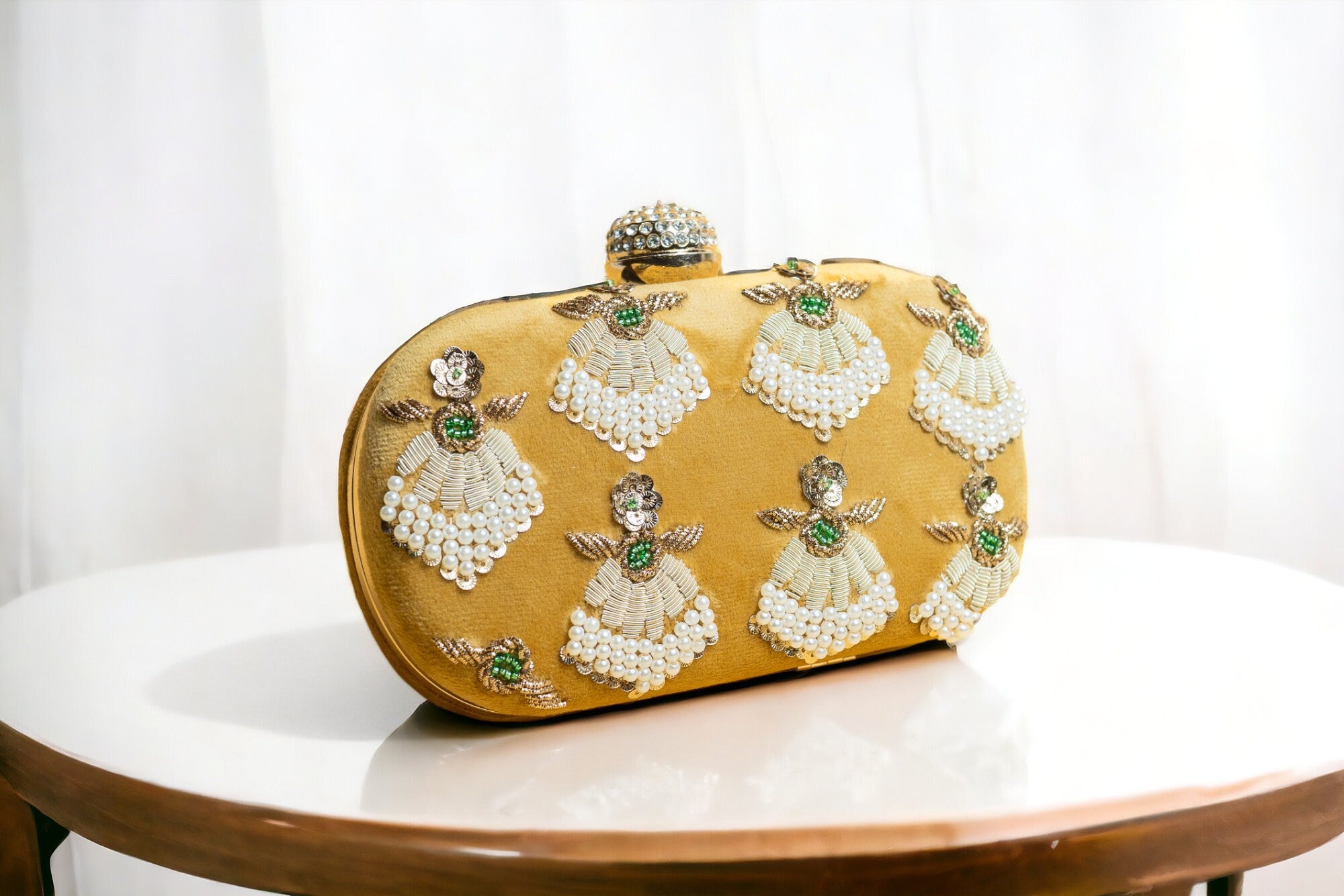 Yellow velvet clutch purse/bag, hand made embroidery clutch bag with detachable metal sling