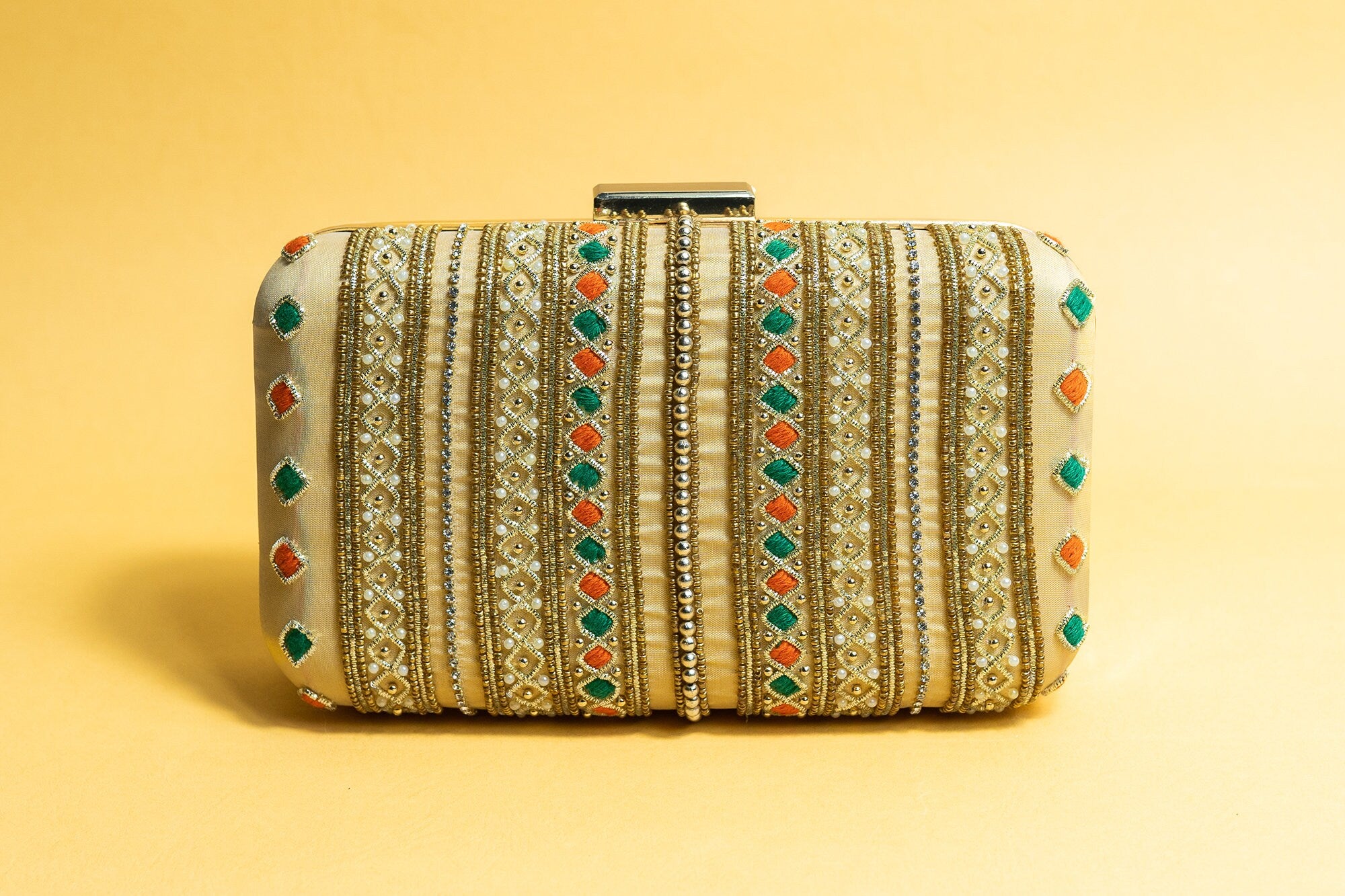 Yellow with gold silk clutch purse/bag, hand made embroidery clutch bag with detachable metal sling