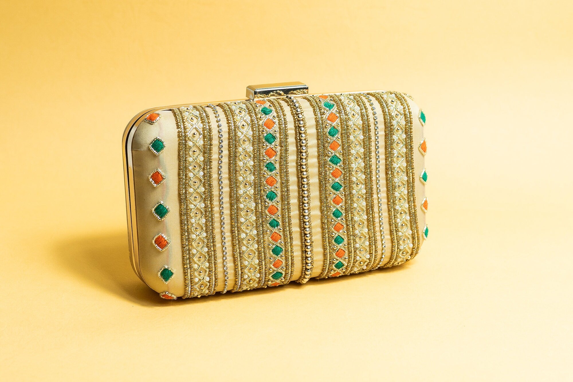Yellow with gold silk clutch purse/bag, hand made embroidery clutch bag with detachable metal sling