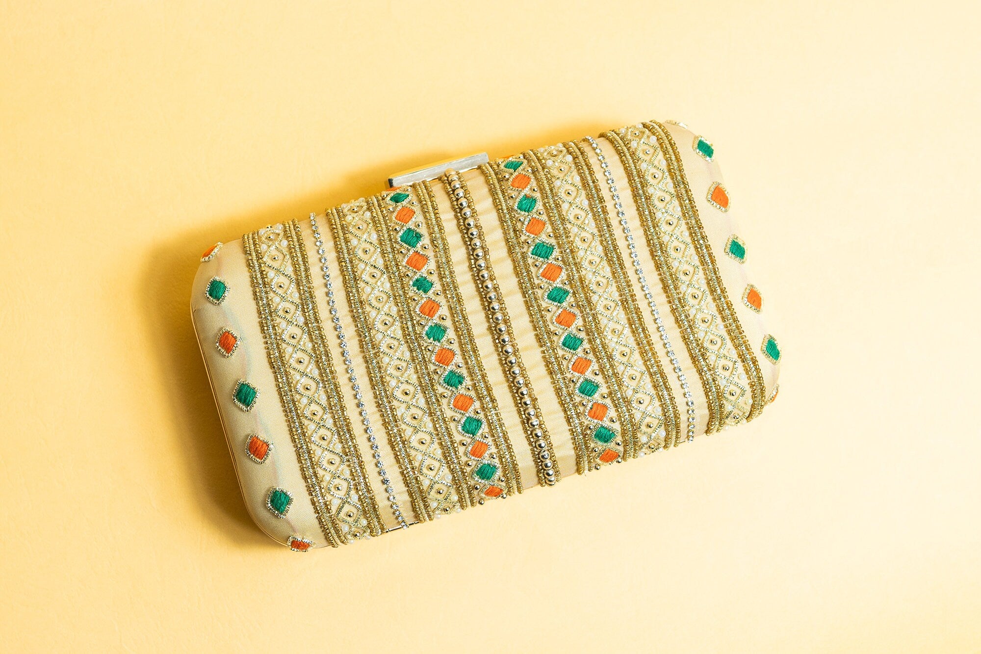 Yellow with gold silk clutch purse/bag, hand made embroidery clutch bag with detachable metal sling