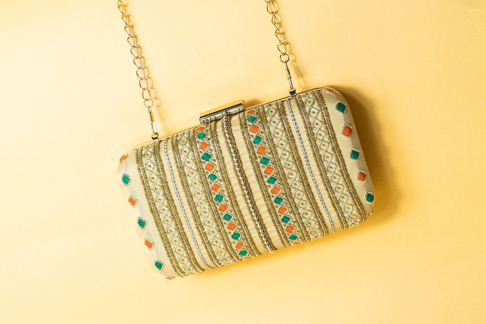 Yellow with gold silk clutch purse/bag, hand made embroidery clutch bag with detachable metal sling