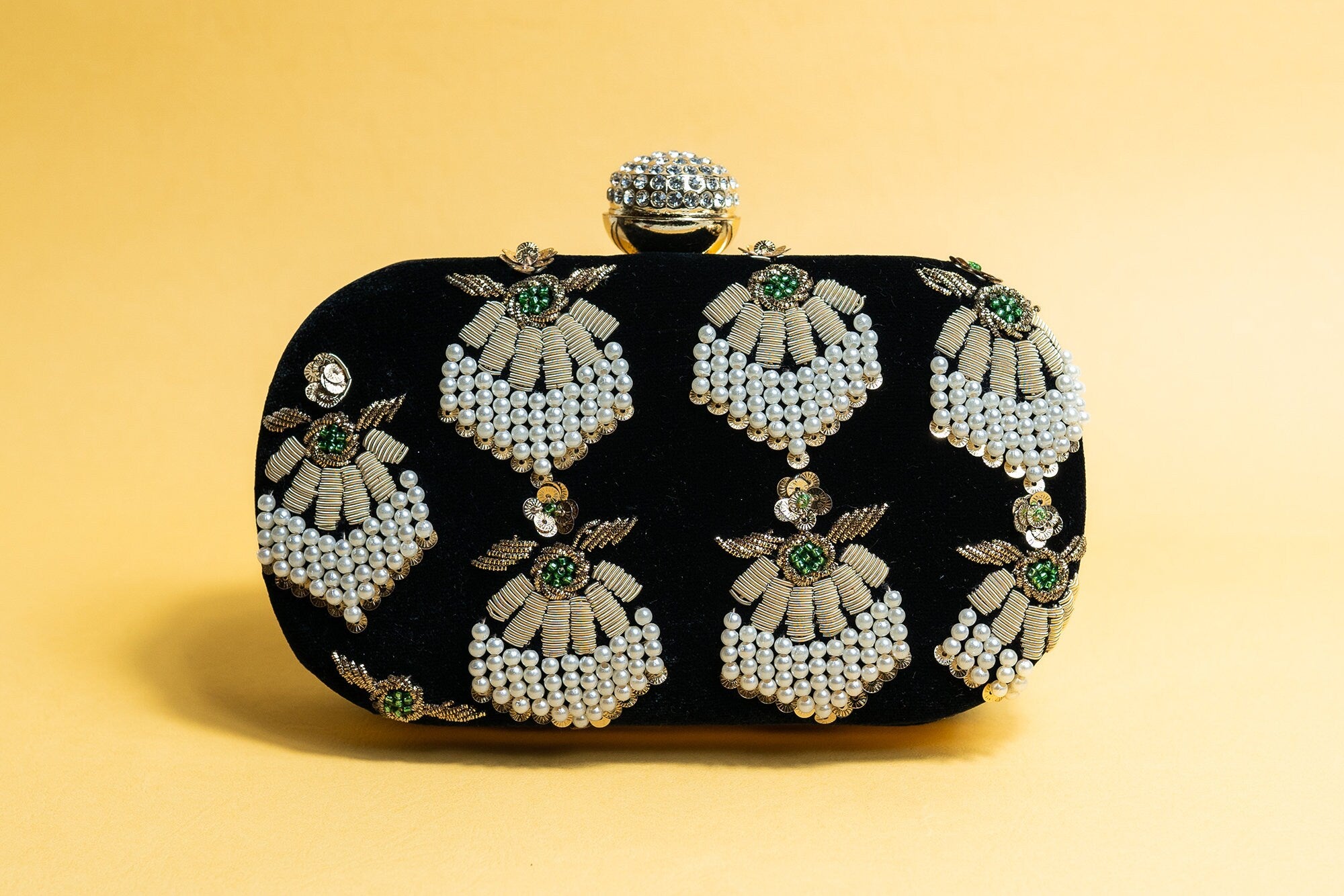 Black bead embroidery clutch bag with detachable sling
