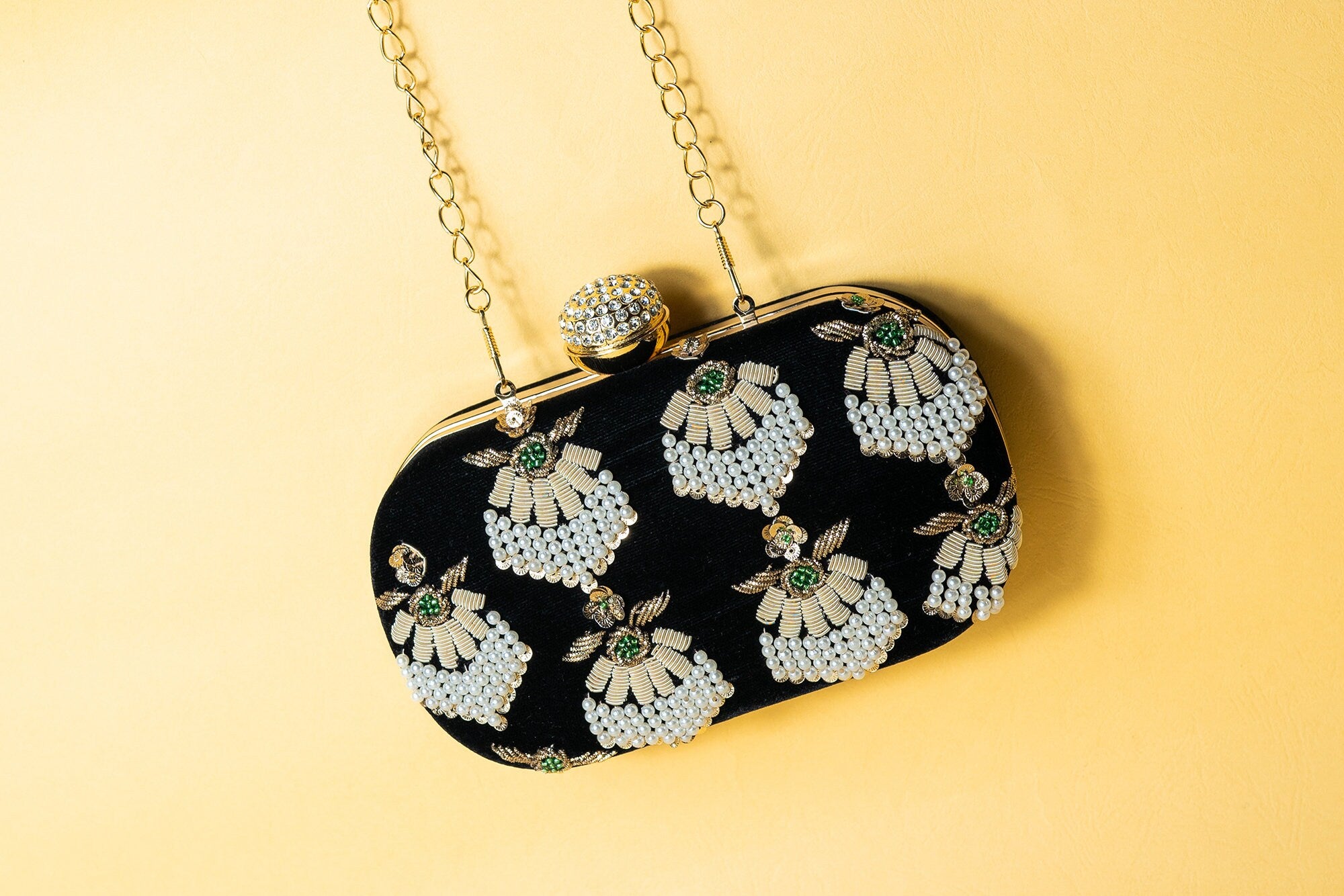 Black bead embroidery clutch bag with detachable sling
