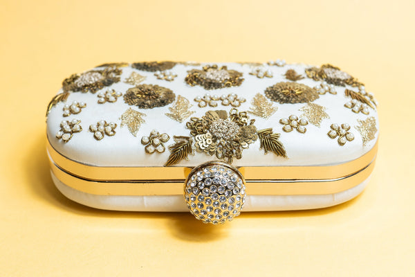 ivory bead embroidery clutch bag with detachable sling image 3