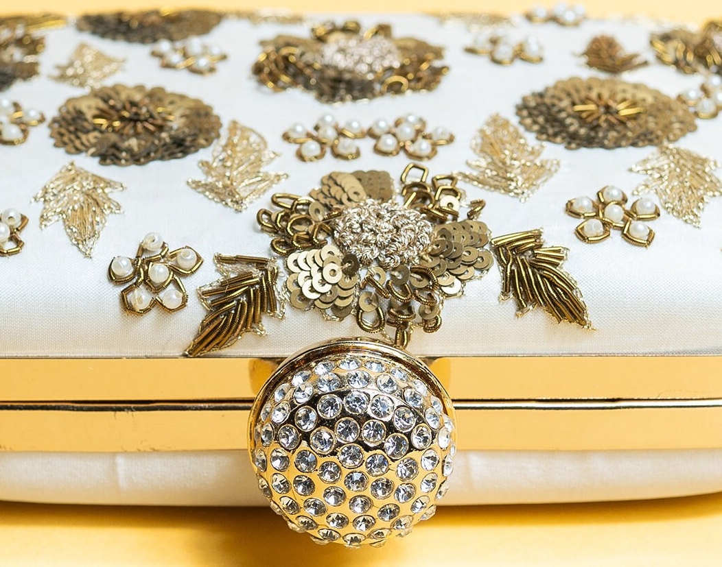 ivory bead embroidery clutch bag with detachable sling