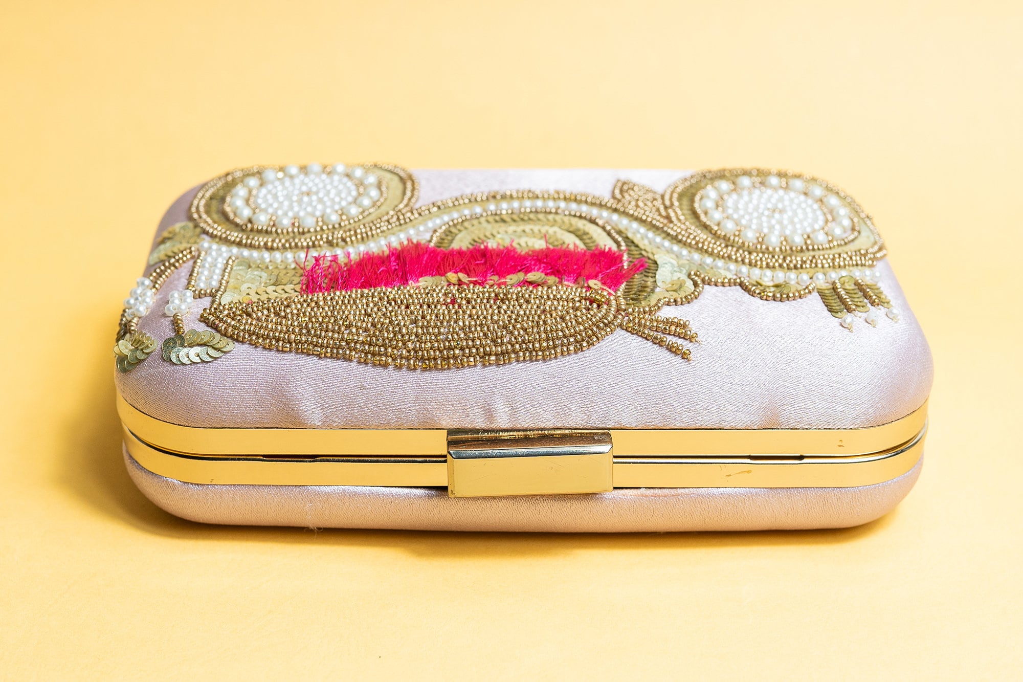 Pink silk clutch purse/bag, hand made embroidery clutch bag with detachable metal sling