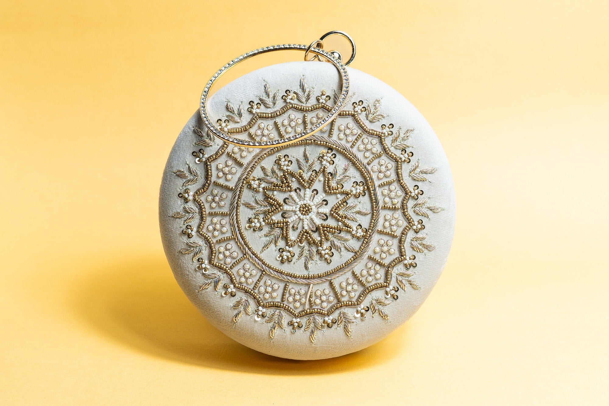Cream round clutch bag , embroidery silk clutch bag, detachable sling