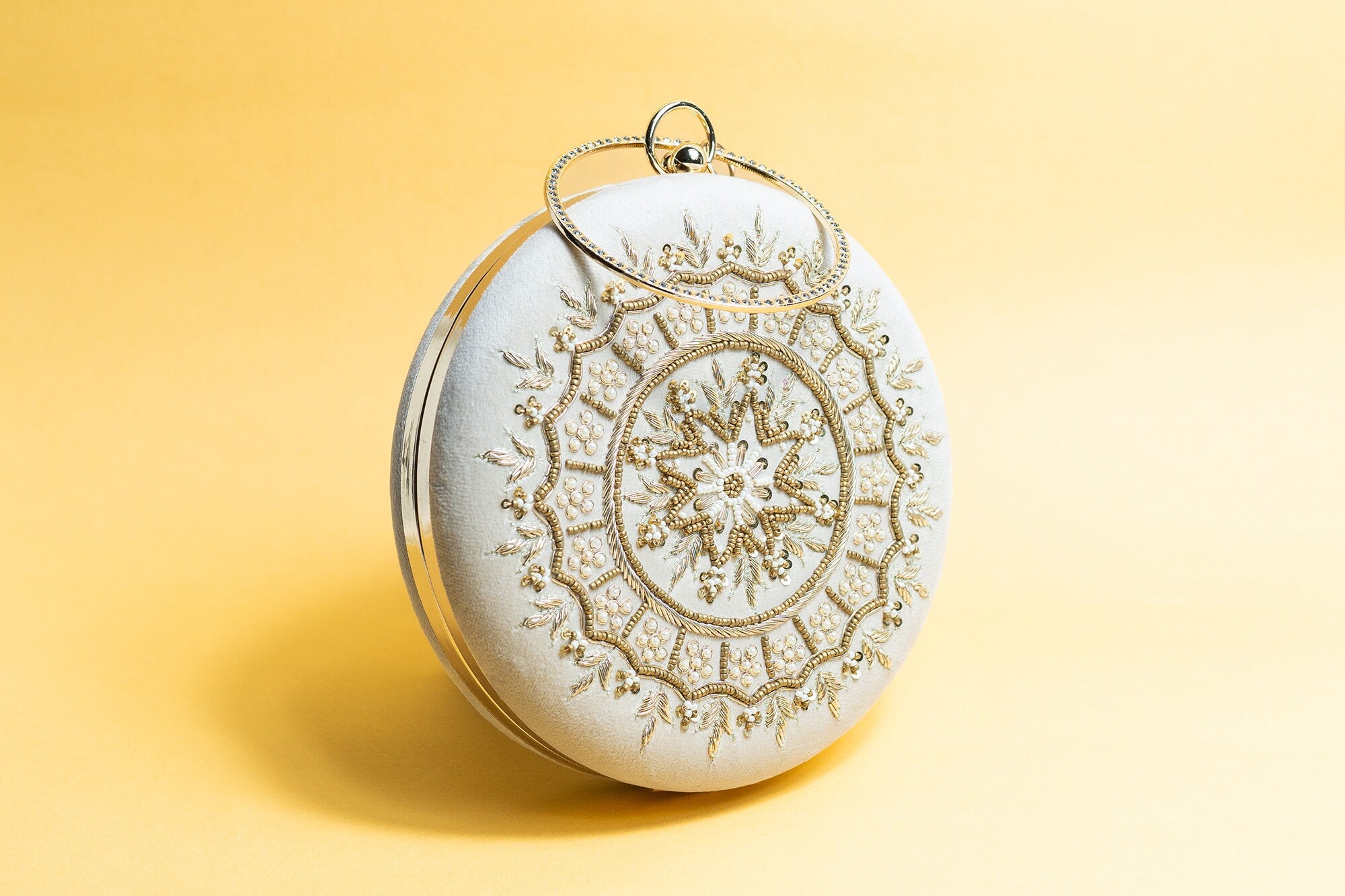 Cream round clutch bag , embroidery silk clutch bag, detachable sling