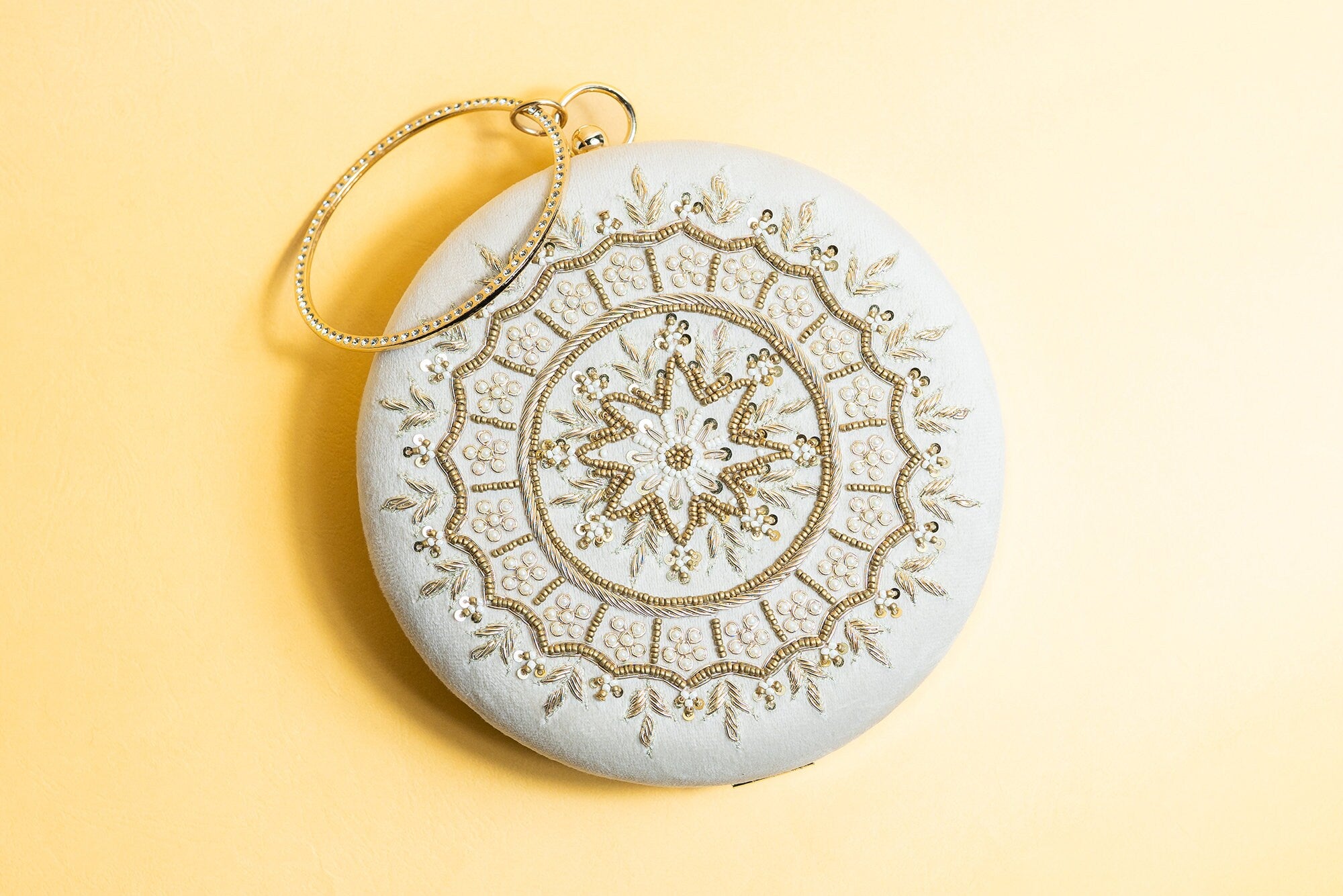 Cream round clutch bag , embroidery silk clutch bag, detachable sling