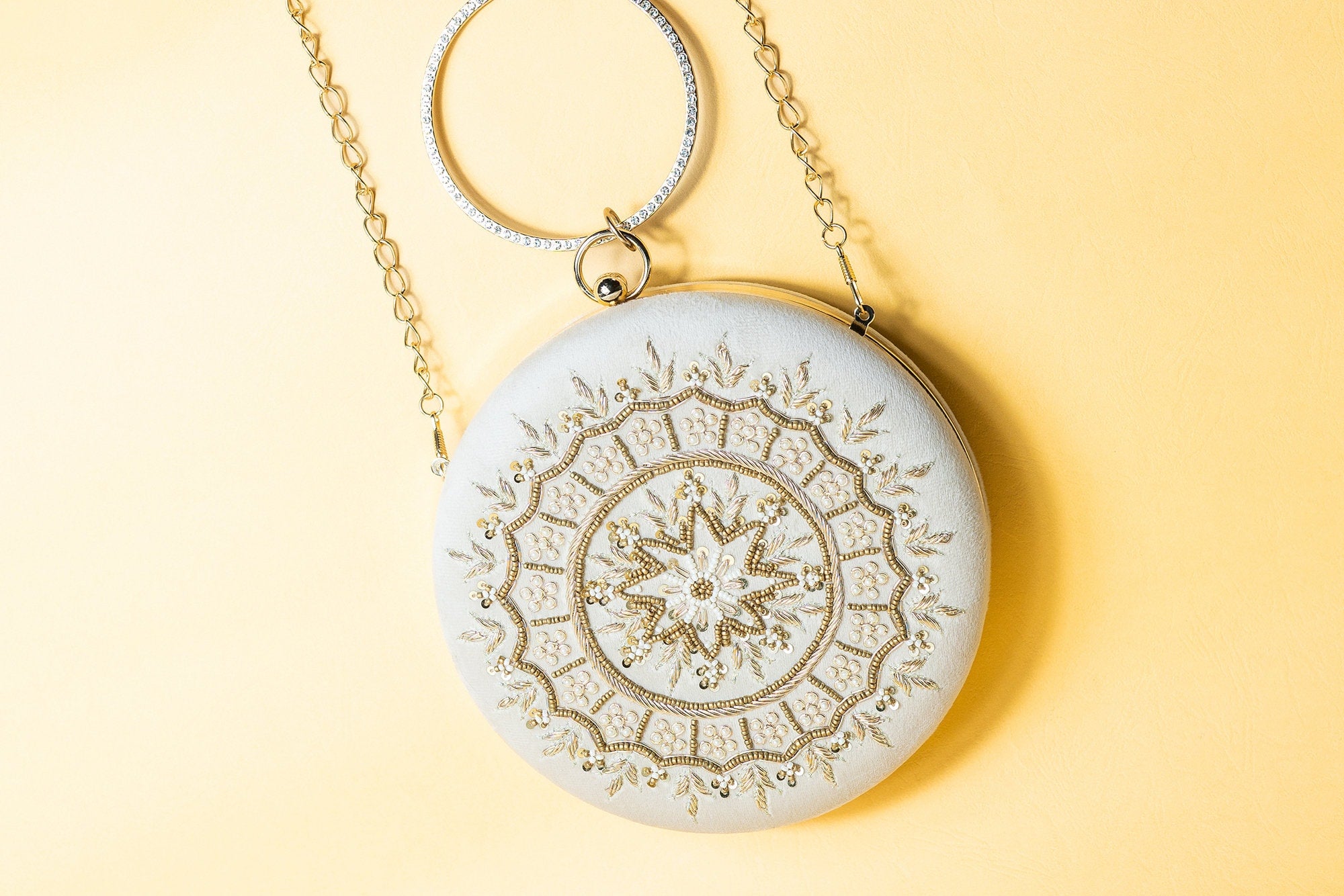 Cream round clutch bag , embroidery silk clutch bag, detachable sling