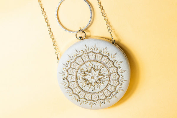 Cream round clutch bag , embroidery silk clutch bag, detachable sling image 3