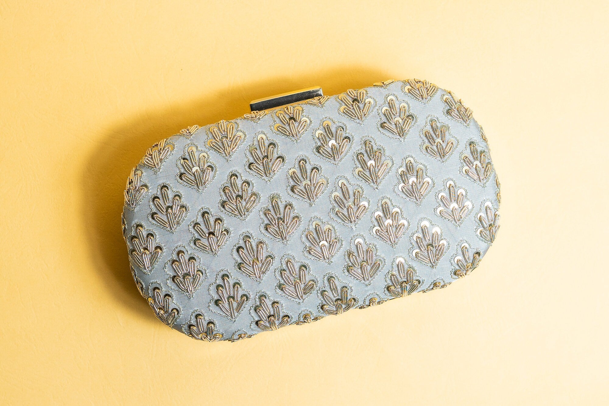 Gray metal embroidery clutch bag with detachable sling