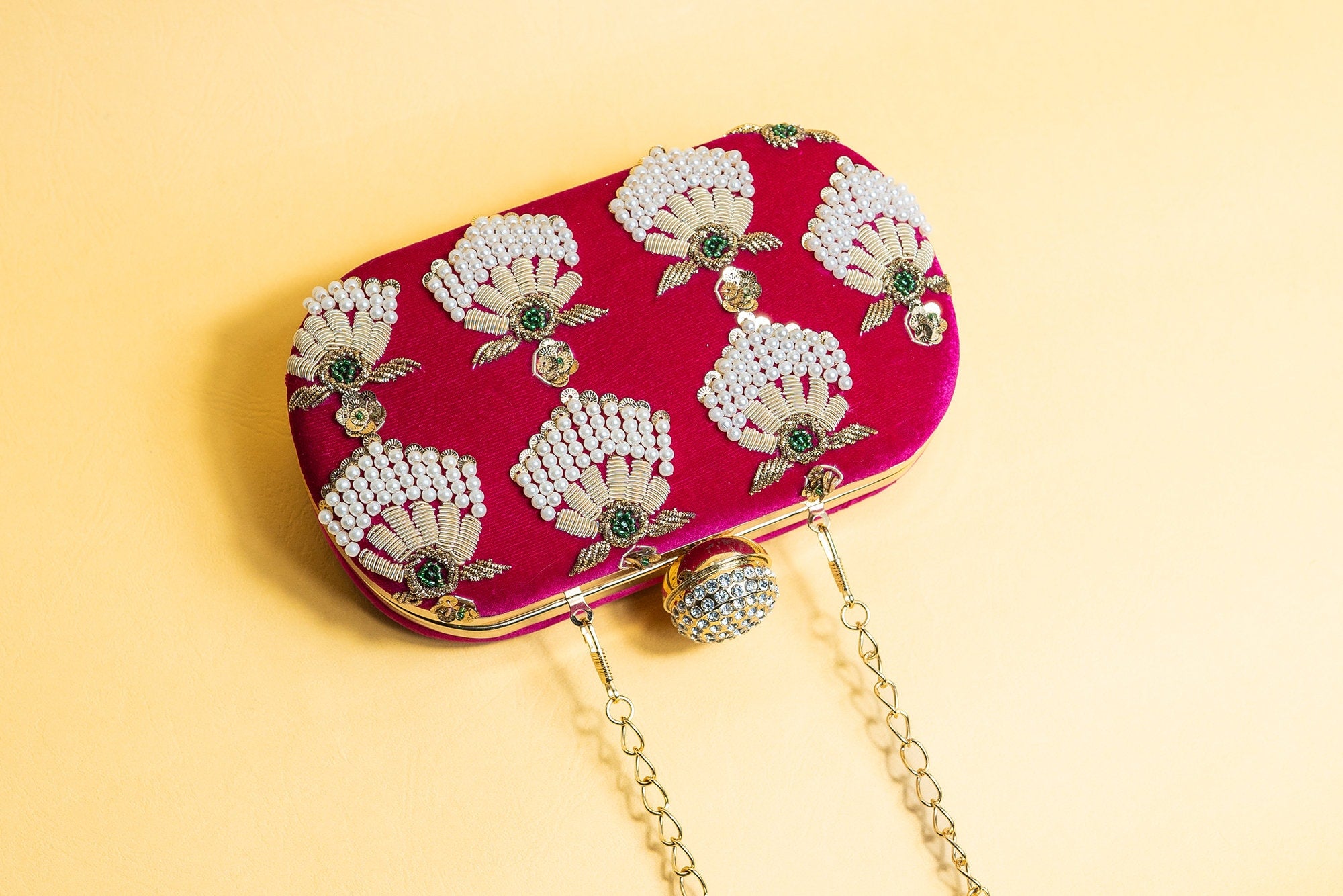 Wine red bead embroidery clutch bag with detachable sling