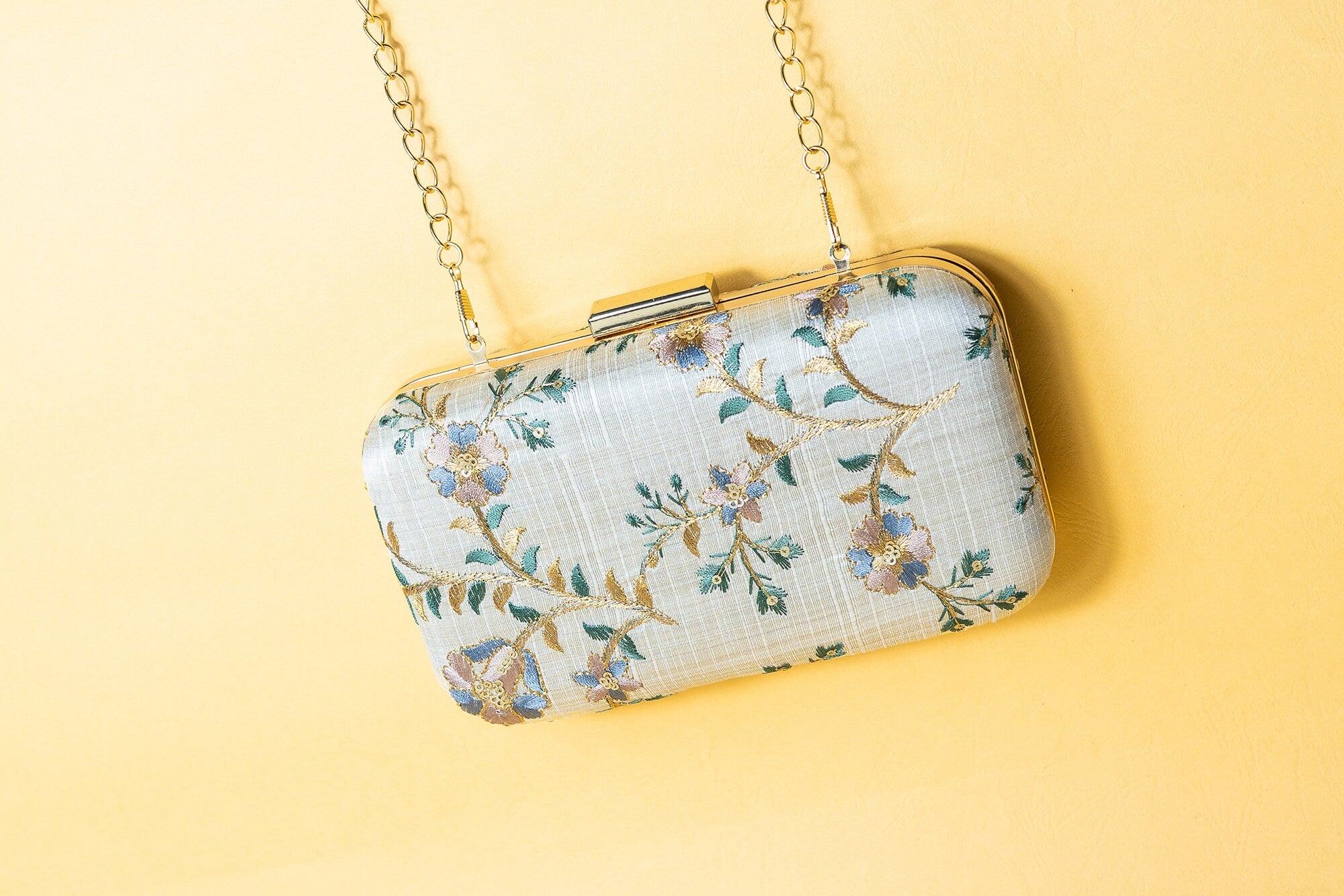 Pastel silk clutch purse/bag, hand made embroidery clutch bag with detachable metal sling