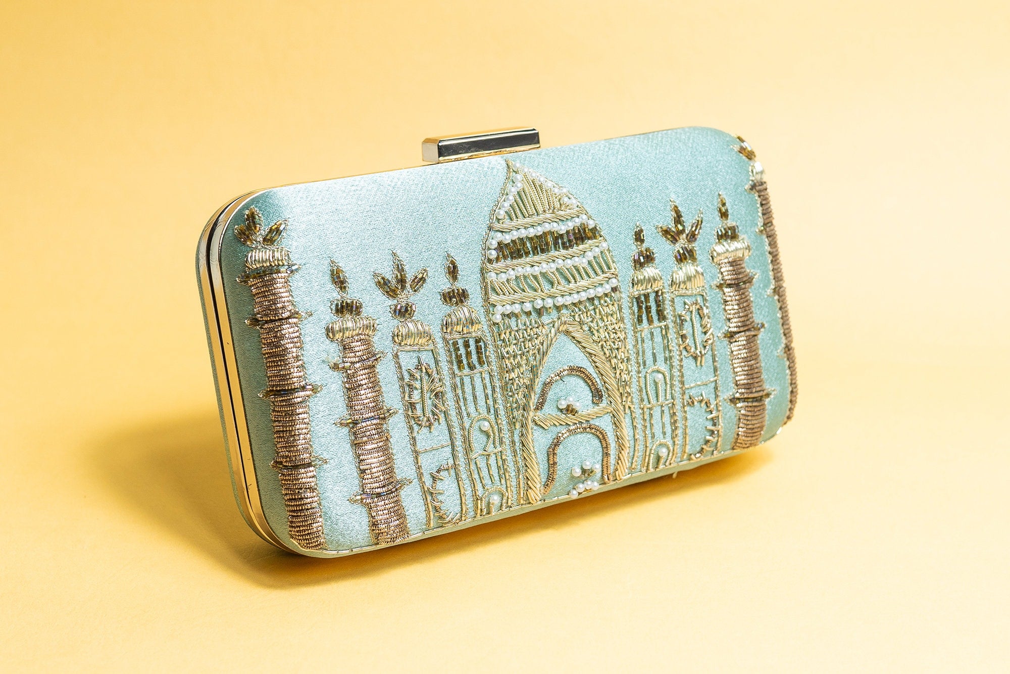 Pastel green silk clutch purse/bag, hand made embroidery clutch bag with detachable metal sling