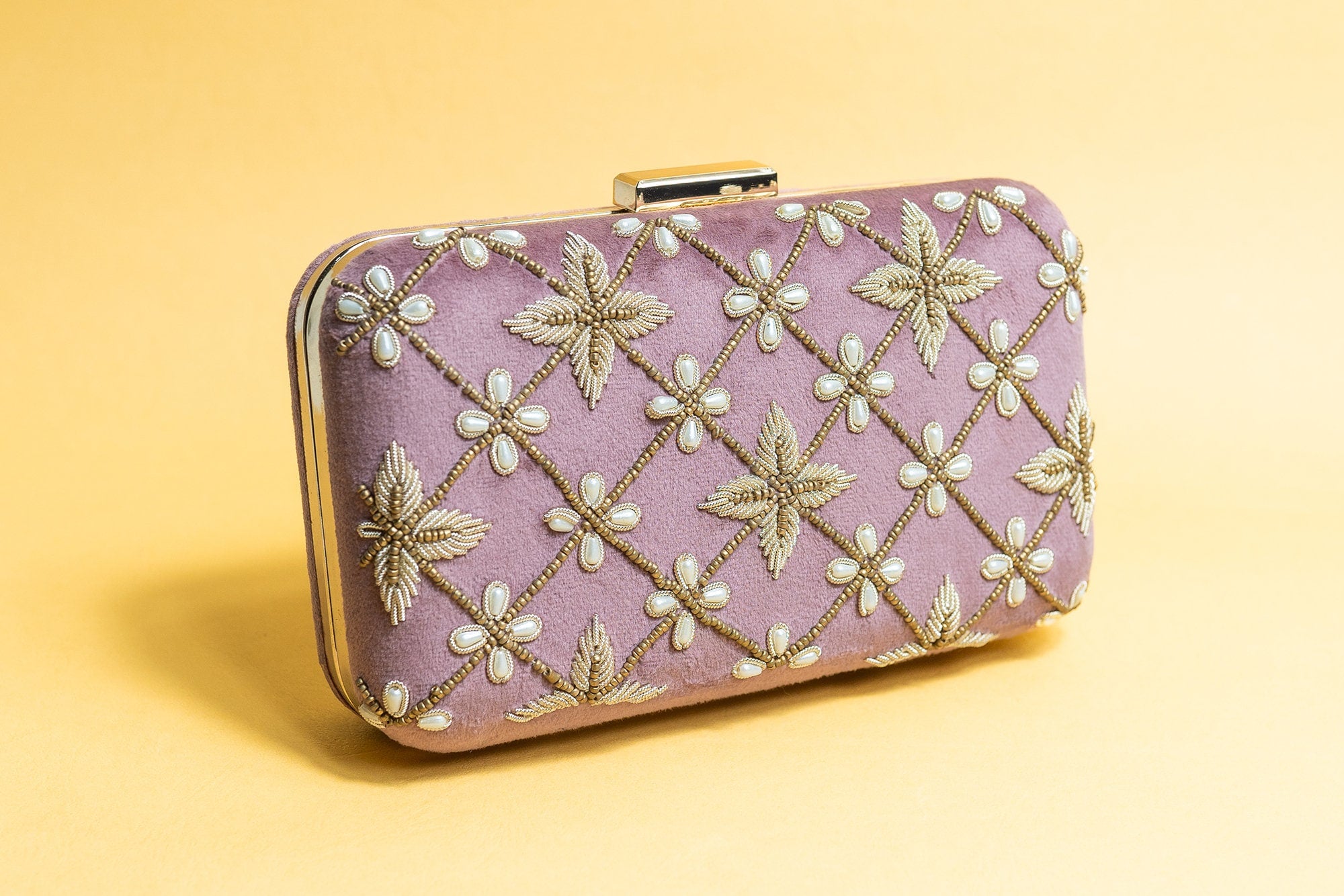 Pastel pink velvet hand made bead embroidery clutch bag detachable sling