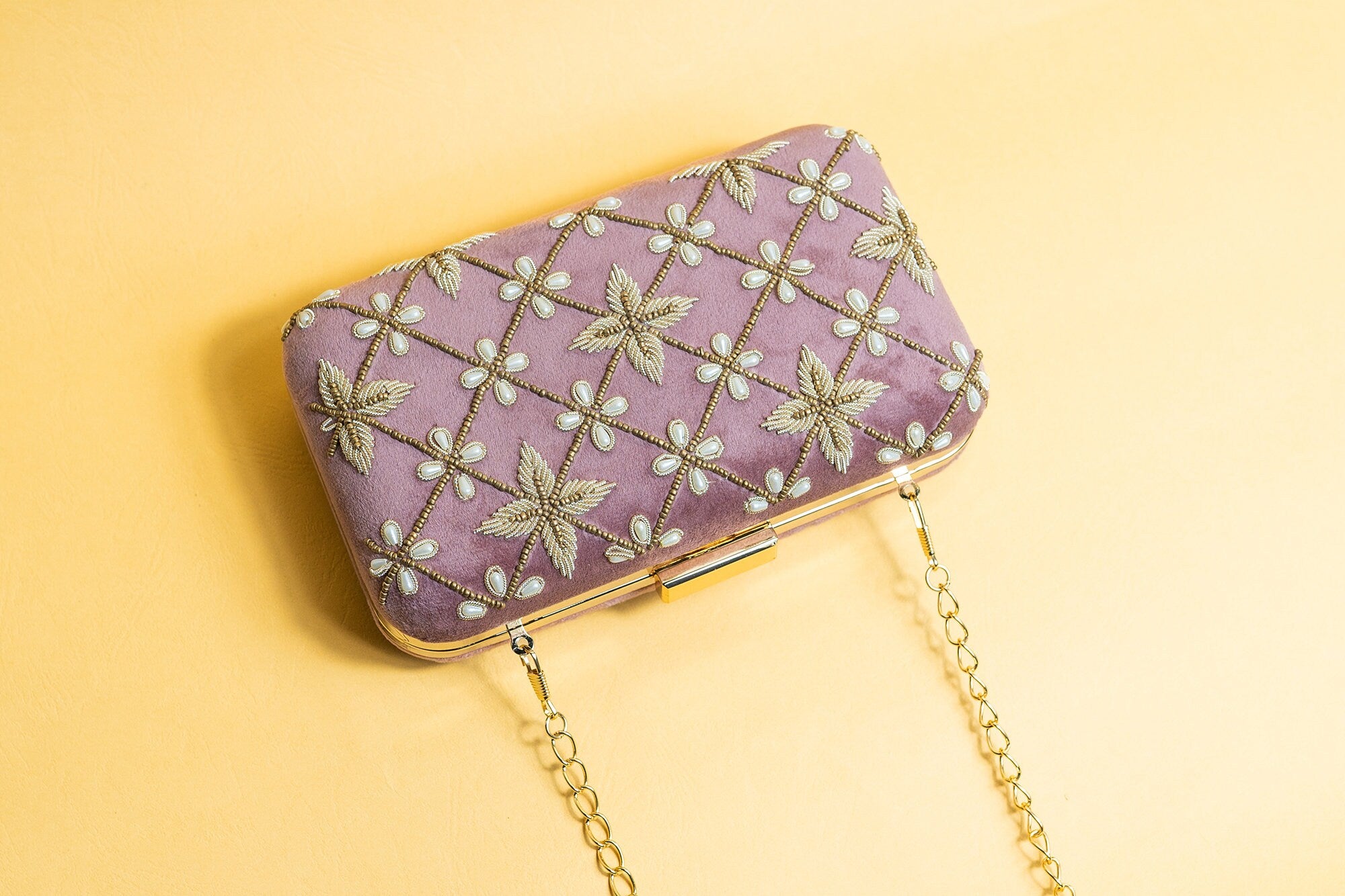 Pastel pink velvet hand made bead embroidery clutch bag detachable sling