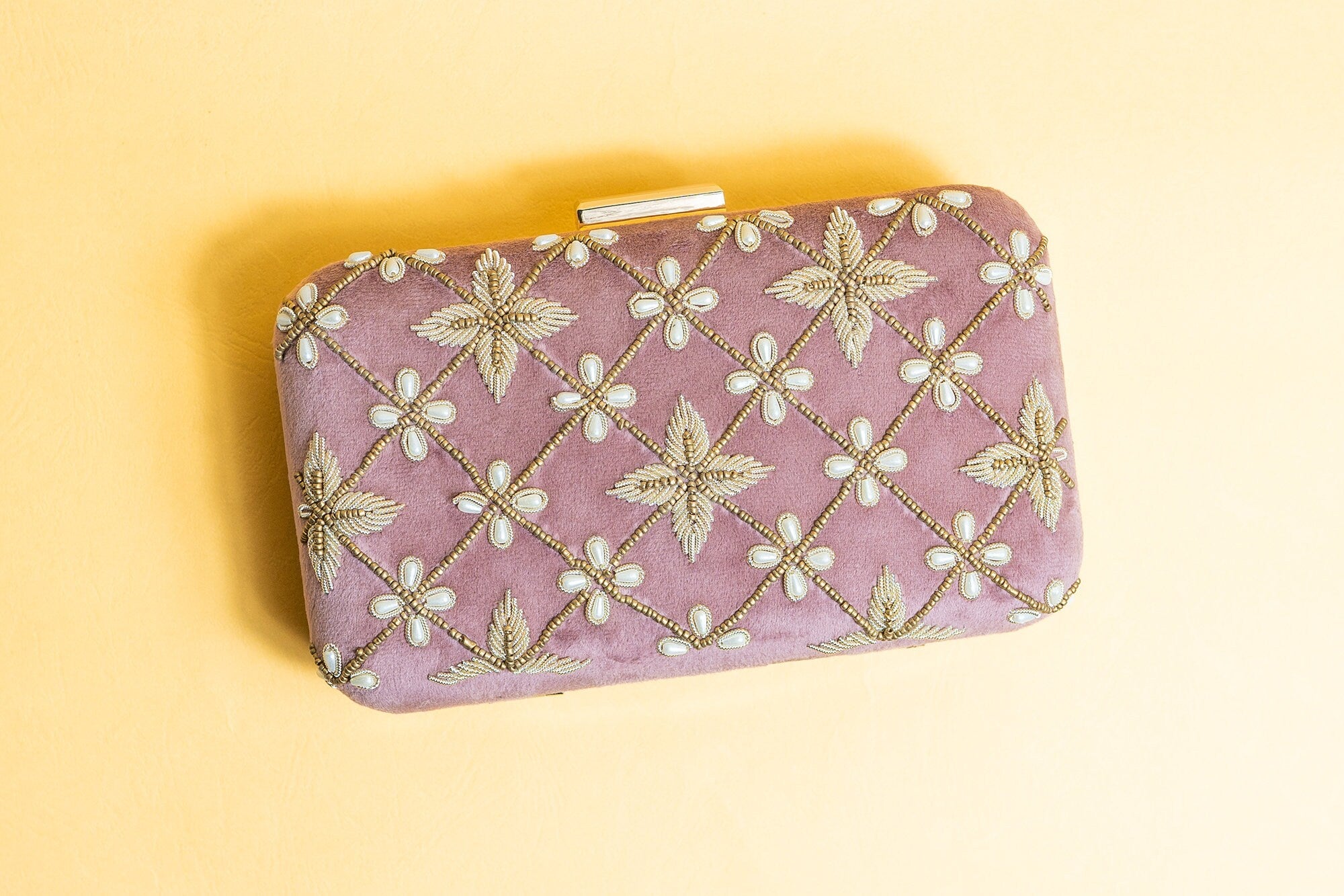 Pastel pink velvet hand made bead embroidery clutch bag detachable sling