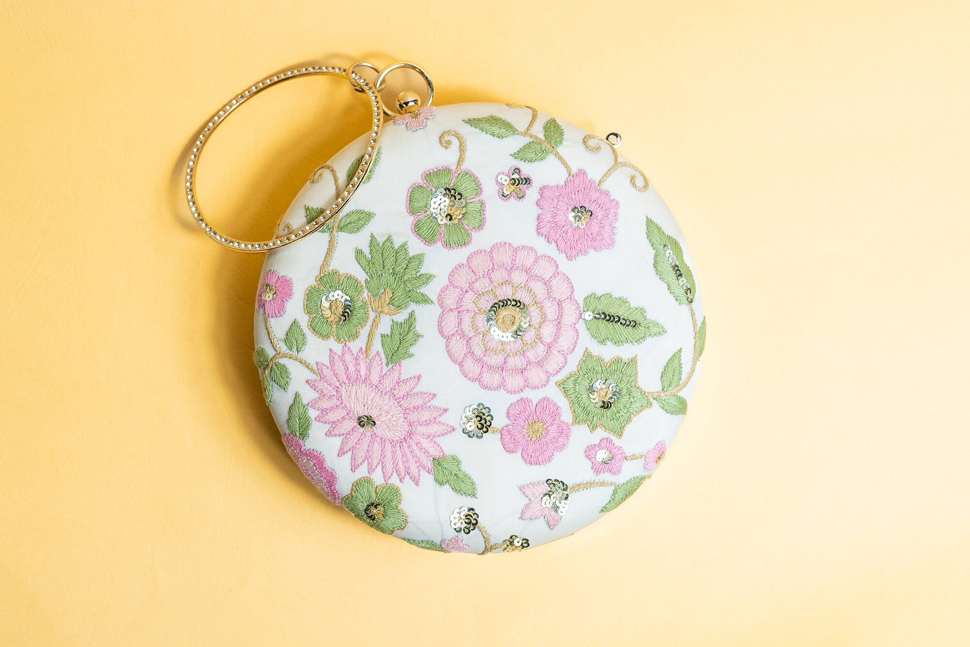 Rund hand made embroidery silk clutch bag detachable sling