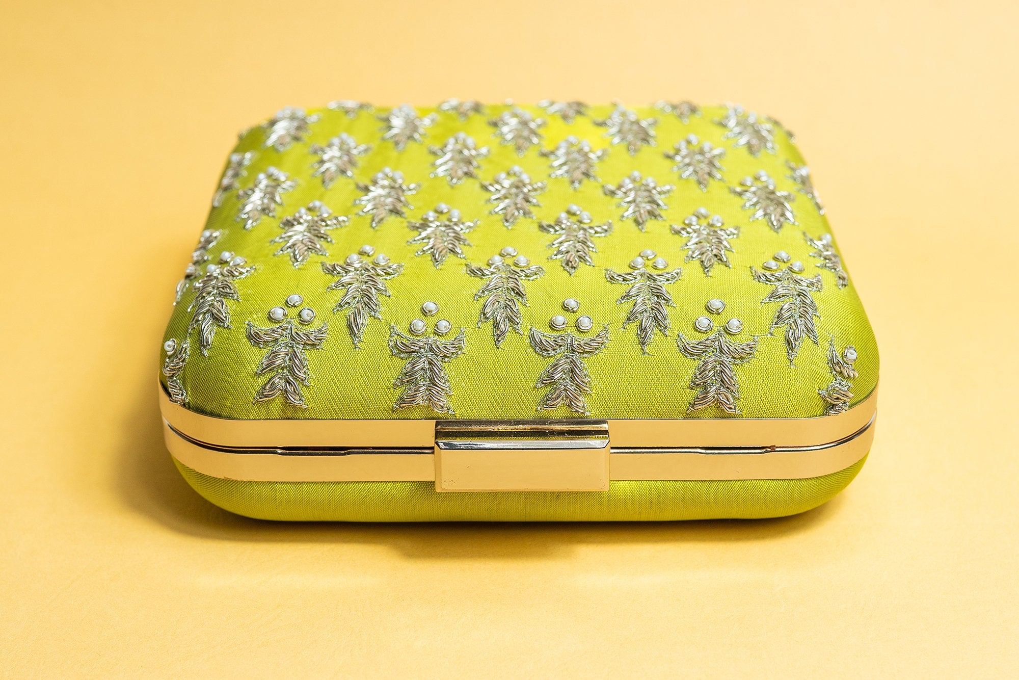 Florescent Green and gold square hand made bead embroidery and pure silk clutch bag detachable sling