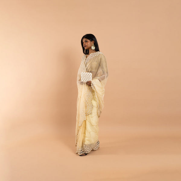 Gold saree with white silk thread handwork embroidery image 3