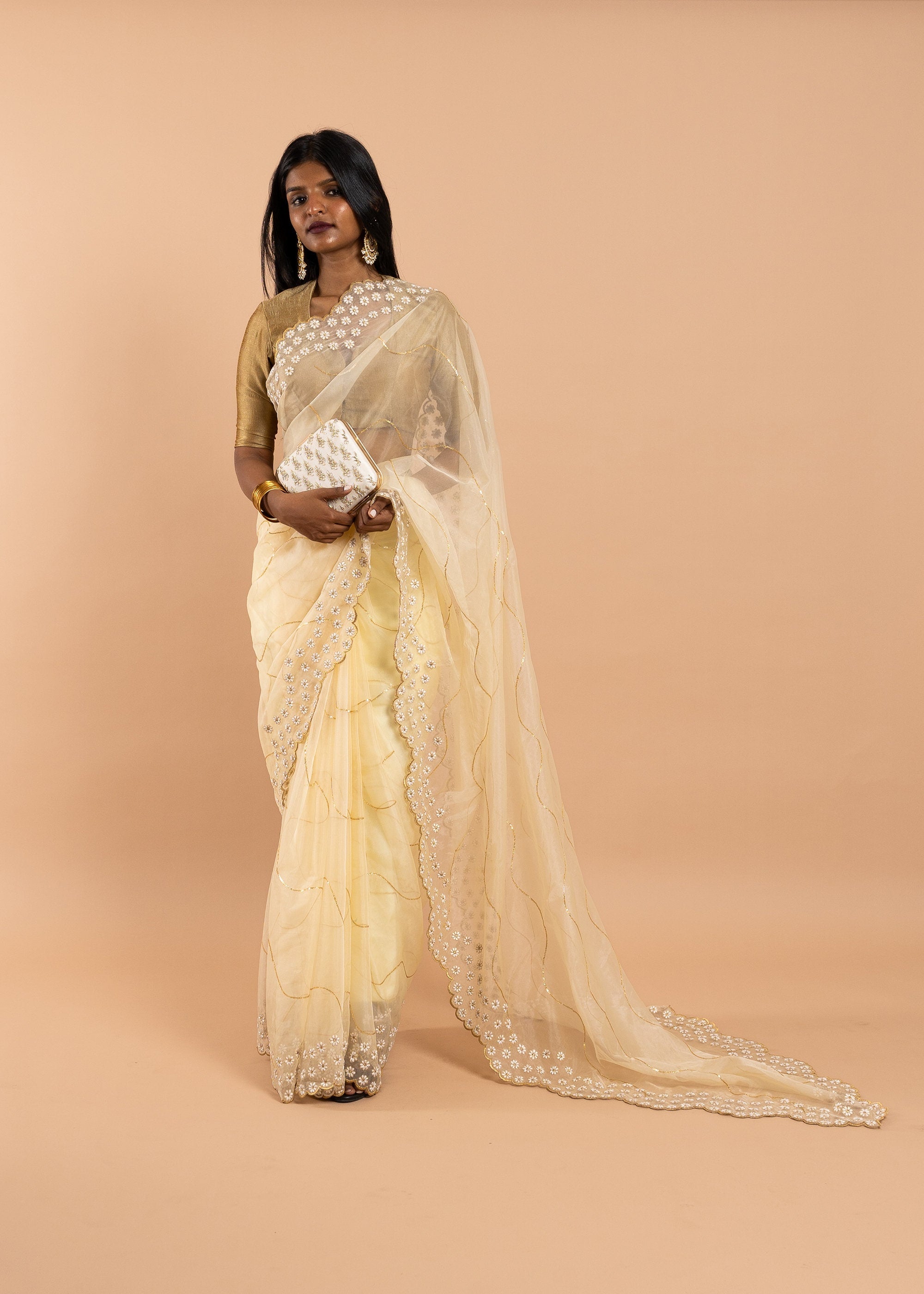 Gold saree with white silk thread handwork embroidery