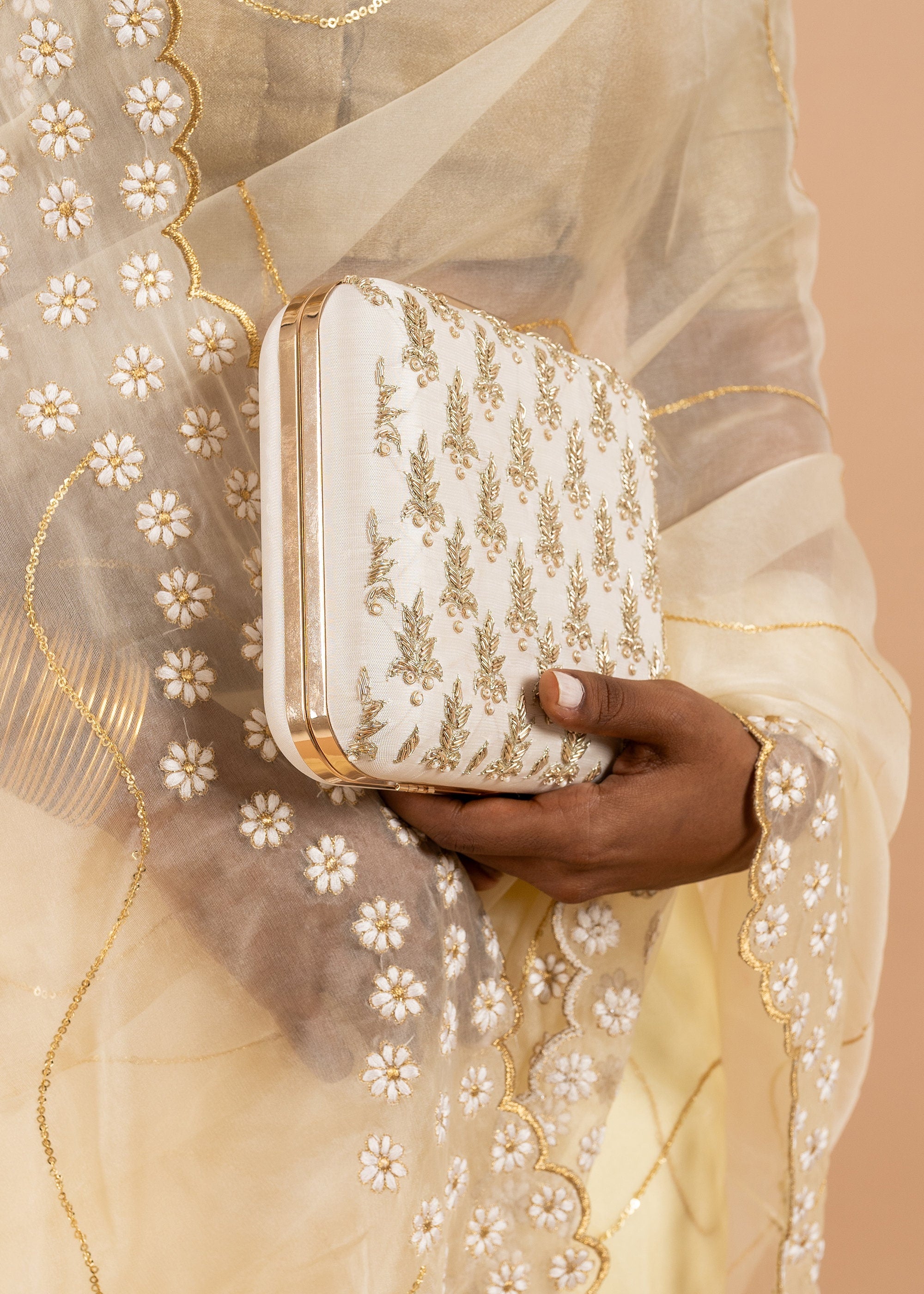 Gold saree with white silk thread handwork embroidery