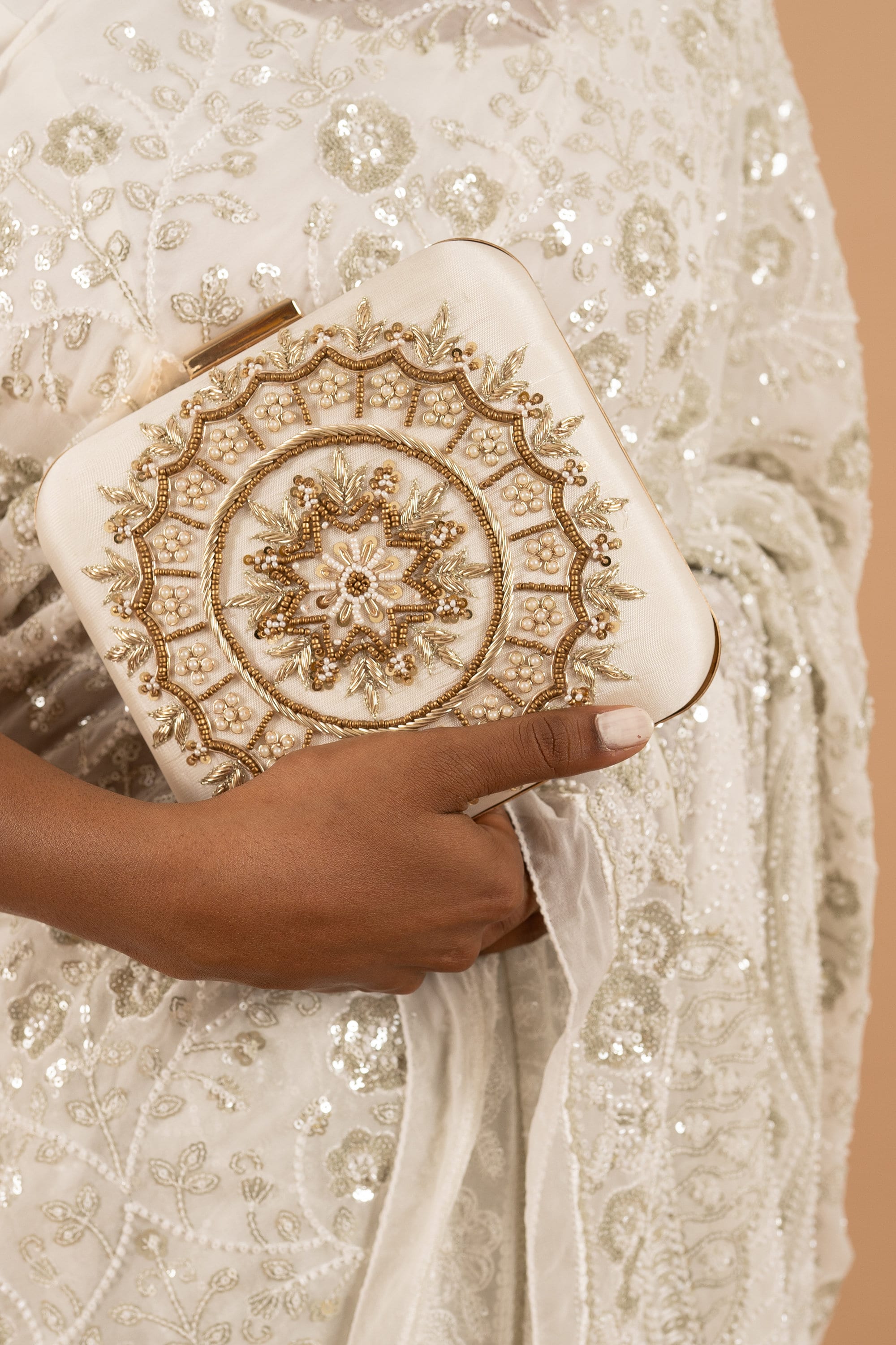 Ivory Georgette saree with white silk thread and sequins handwork embroidery
