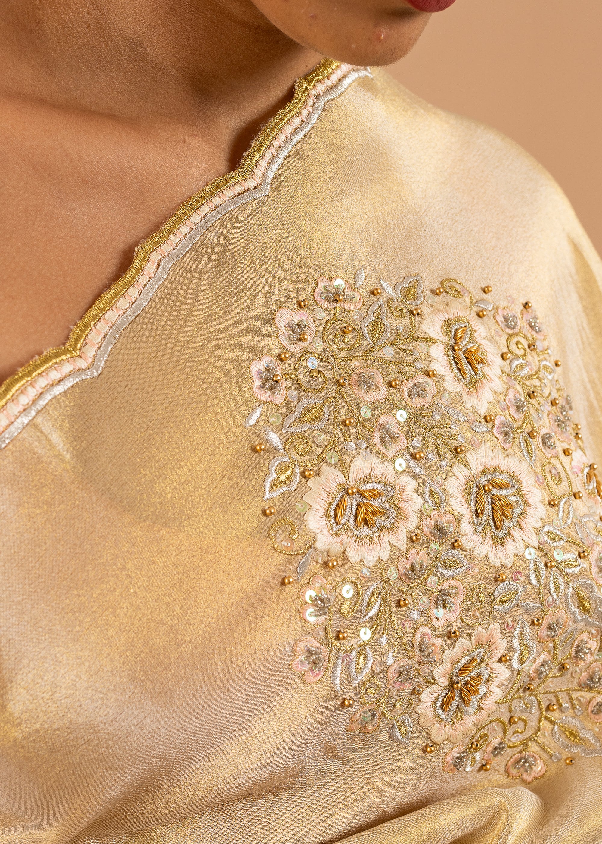 Gold silk blend gold silk thread and beads handwork saree