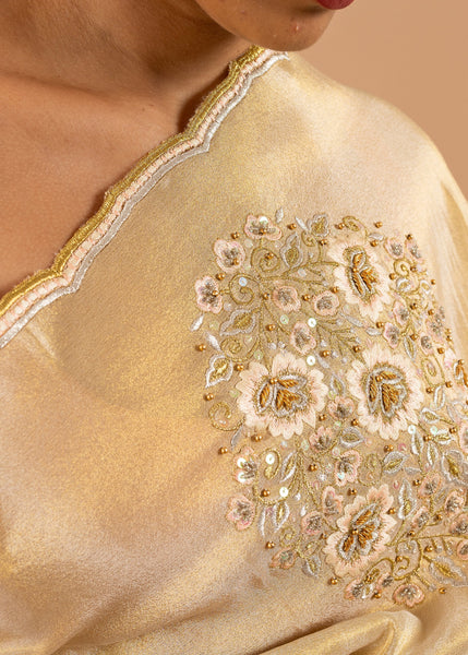 Gold silk blend gold silk thread and beads handwork saree image 3