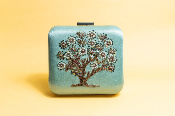 Green and bronze square hand made bead embroidery clutch bag detachable sling image 3