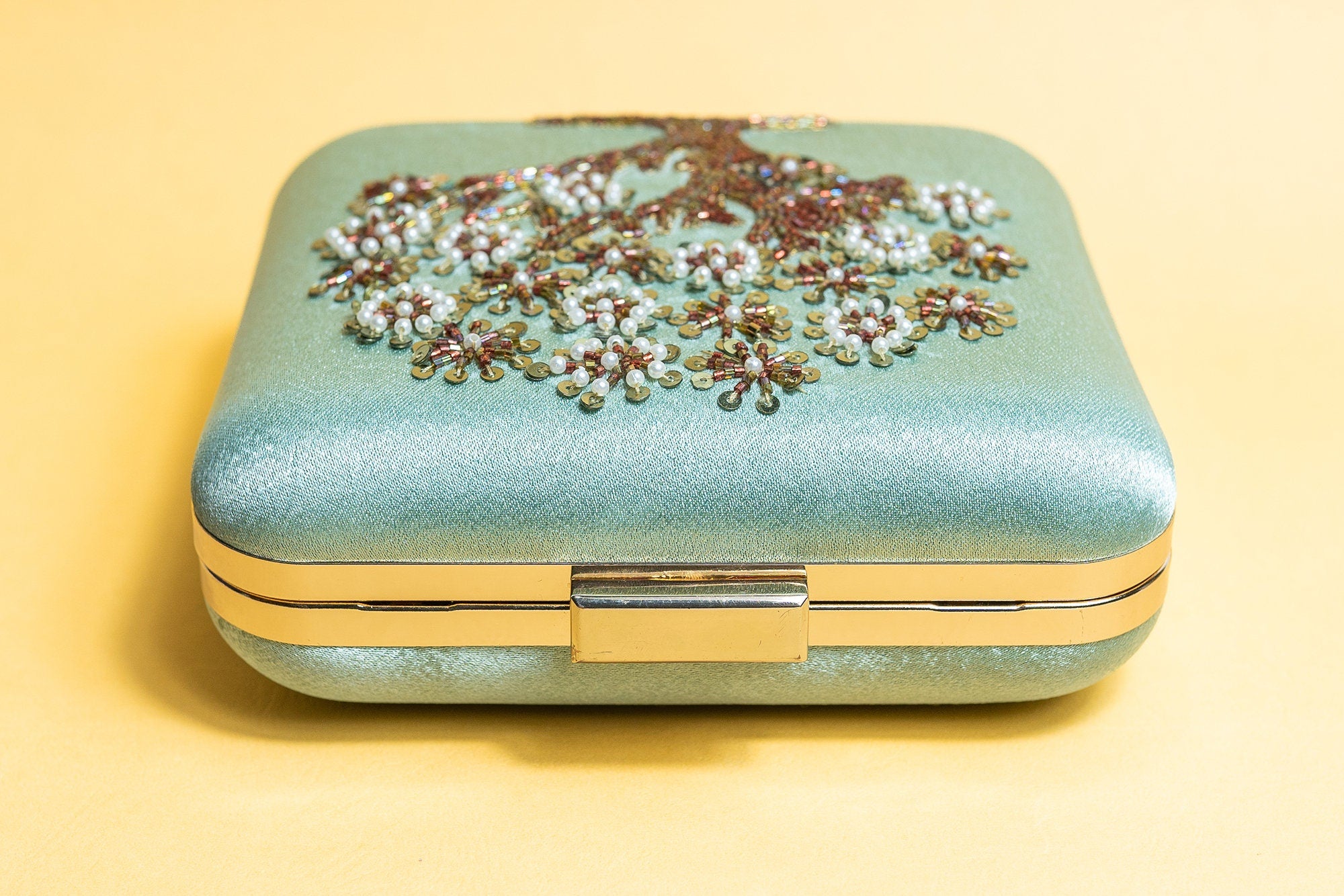 Green and bronze square hand made bead embroidery clutch bag detachable sling