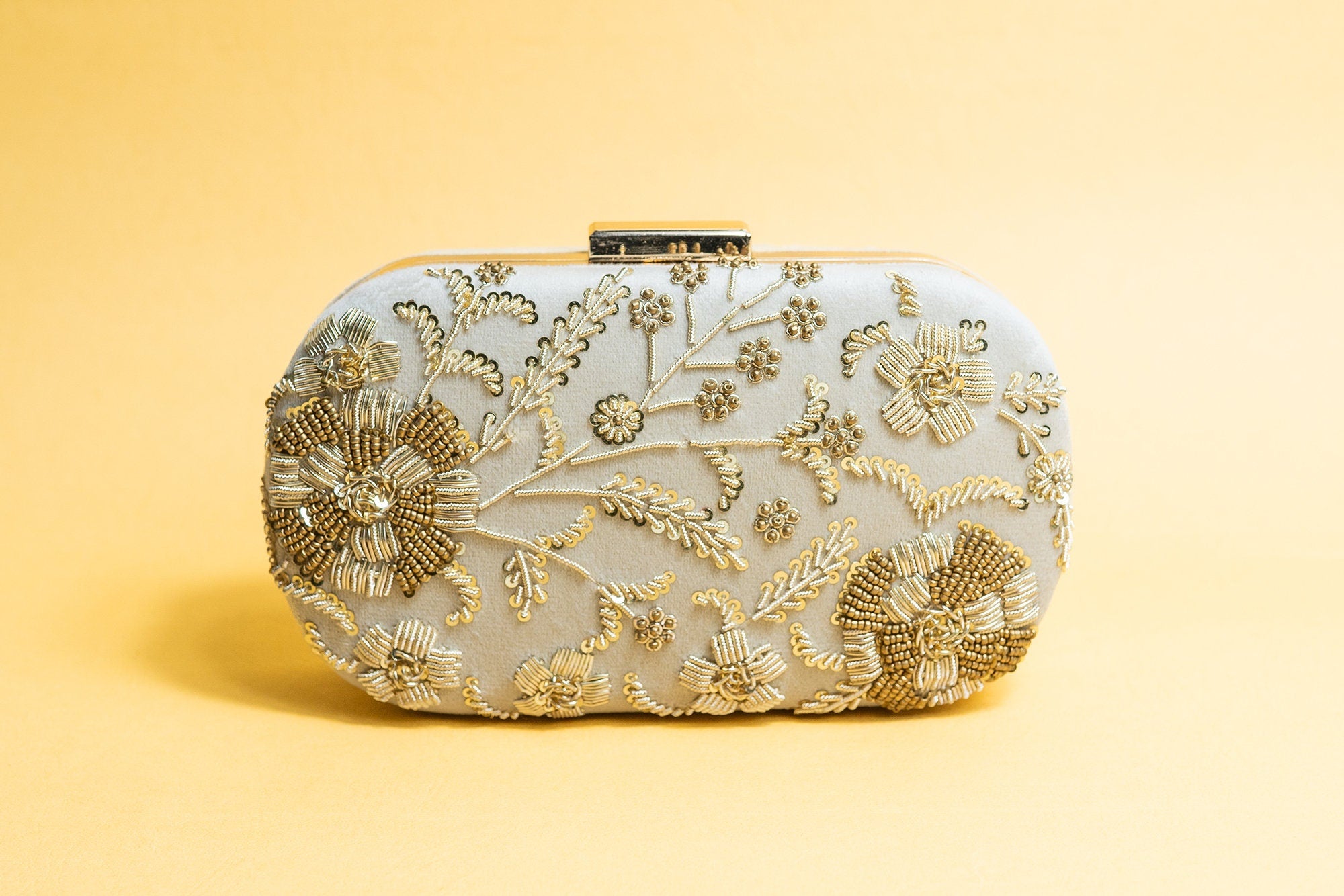 Beige bead embroidery velvet clutch bag detachable sling