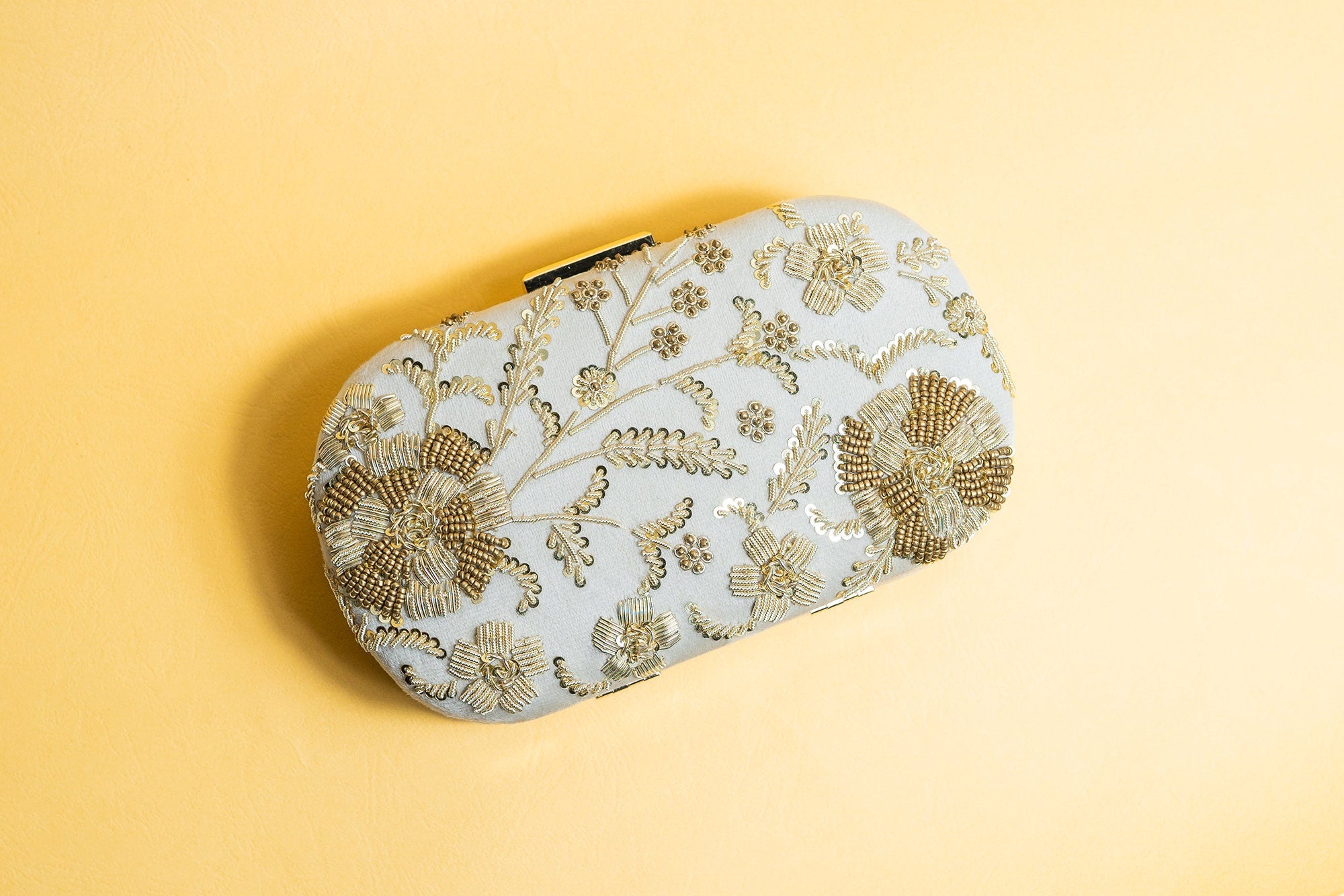Beige bead embroidery velvet clutch bag detachable sling