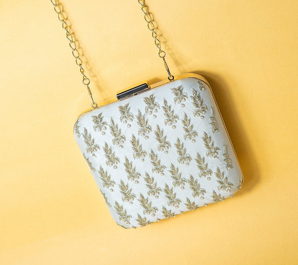 ivory and gold square hand made bead embroidery and pure silk clutch bag detachable sling image 3