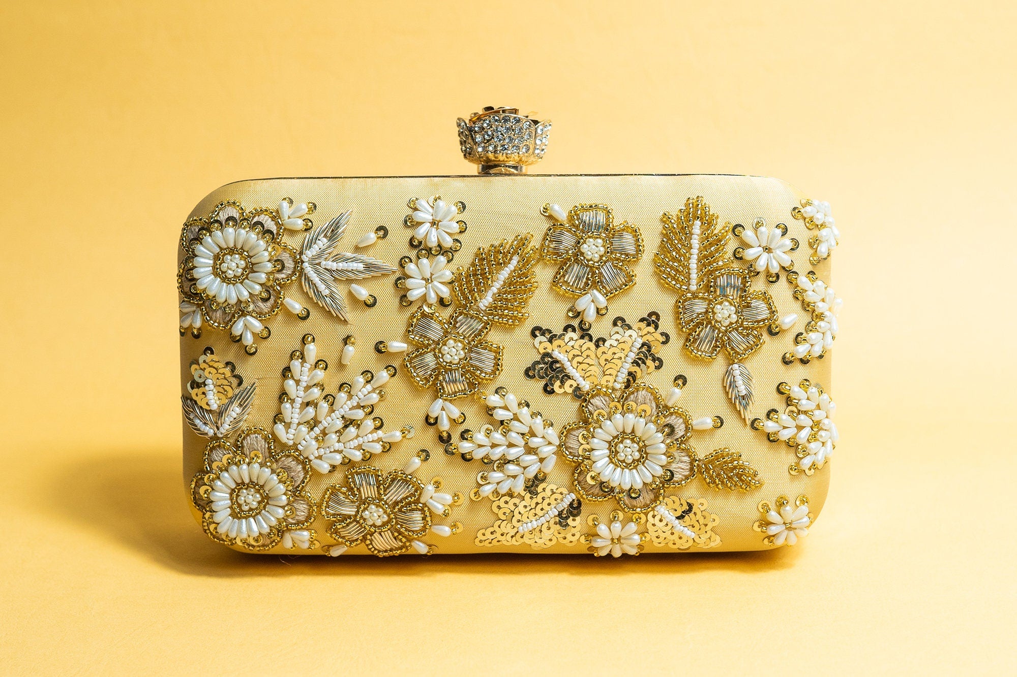 Yellow pearl beads and metal handwork embroidery silk clutch bag detachable sling