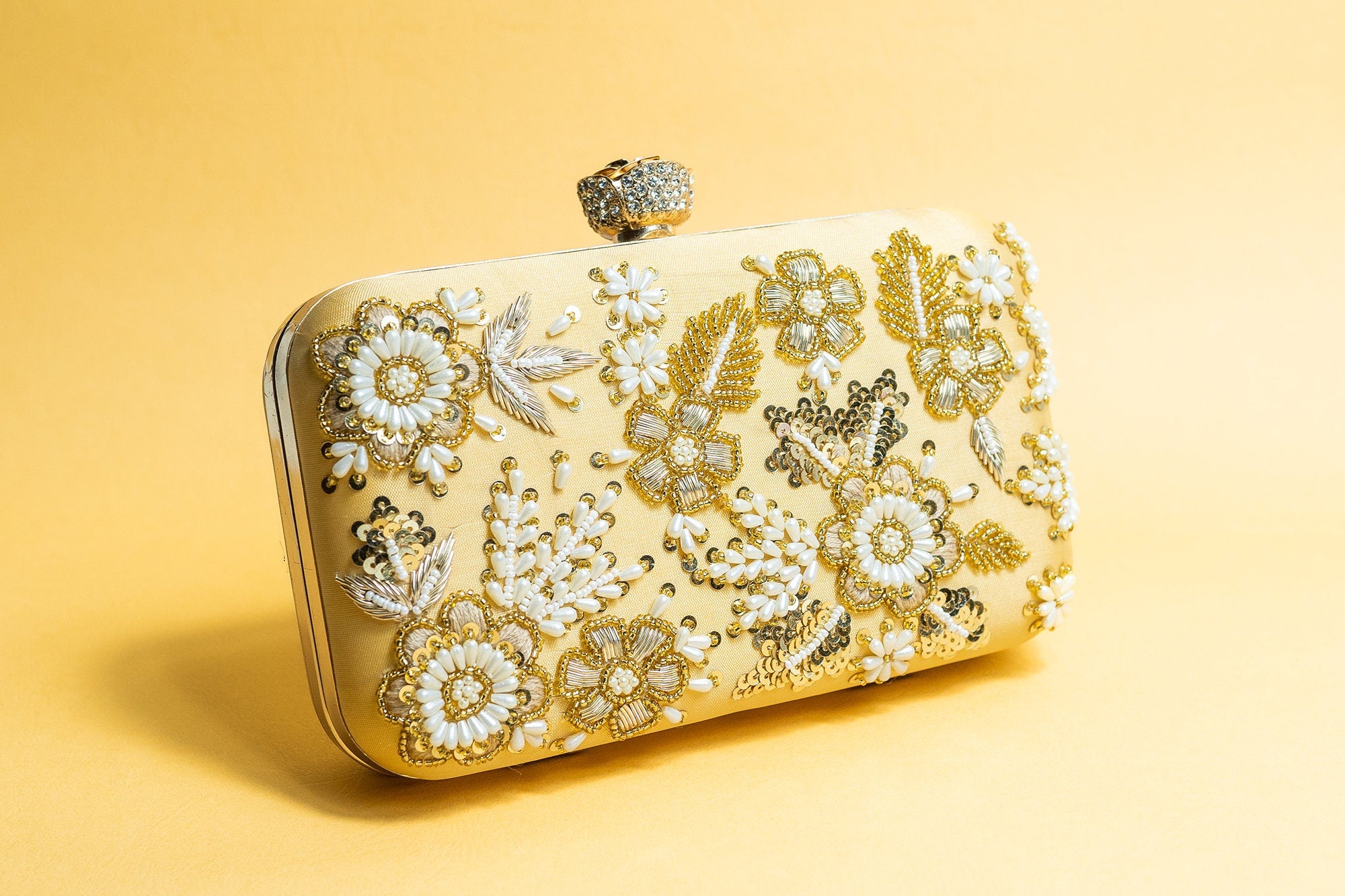 Yellow pearl beads and metal handwork embroidery silk clutch bag detachable sling