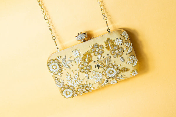 Yellow pearl beads and metal handwork embroidery silk clutch bag detachable sling image 3