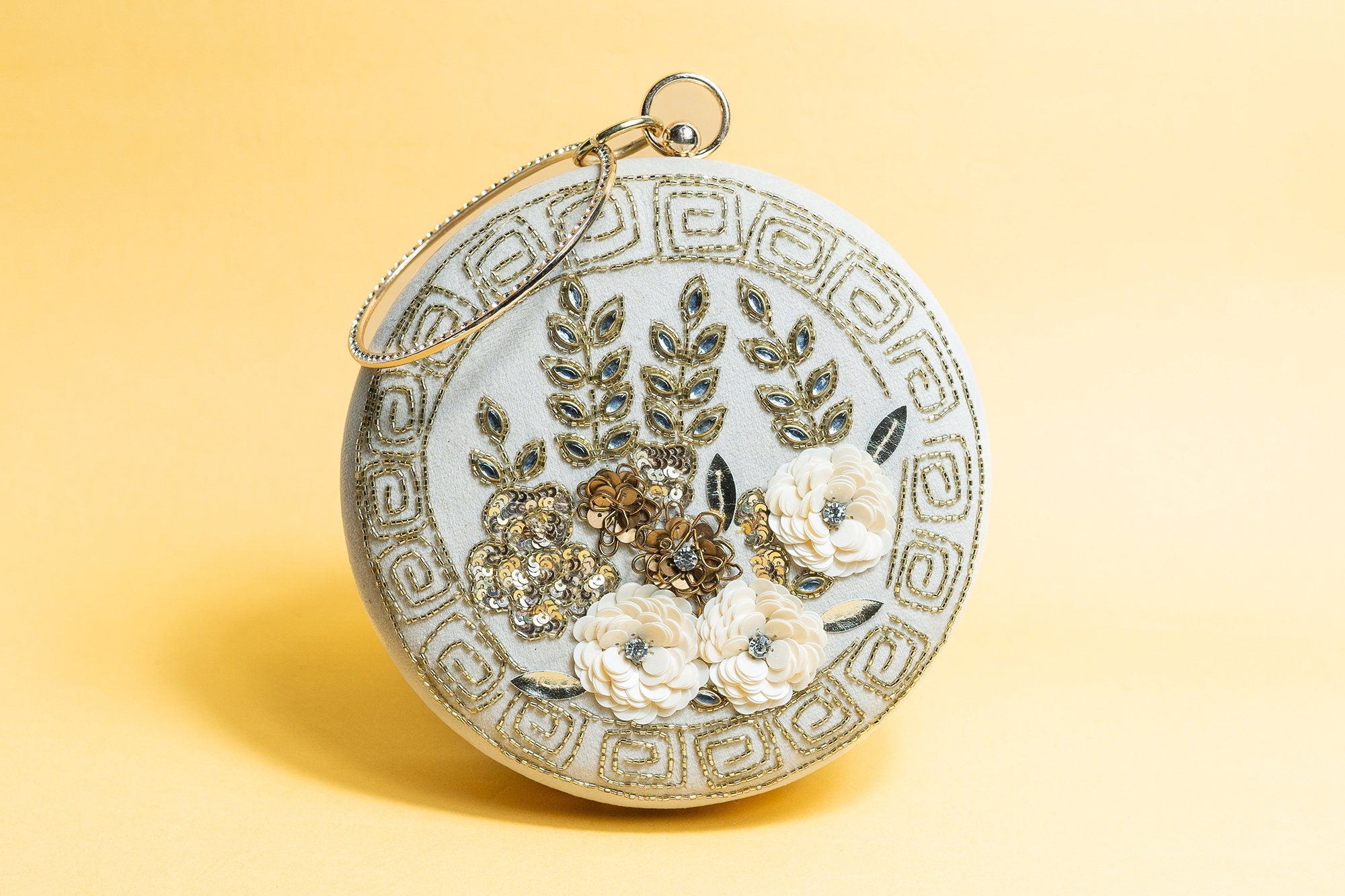 Ivory floral round hand made embroidery silk clutch bag detachable sling