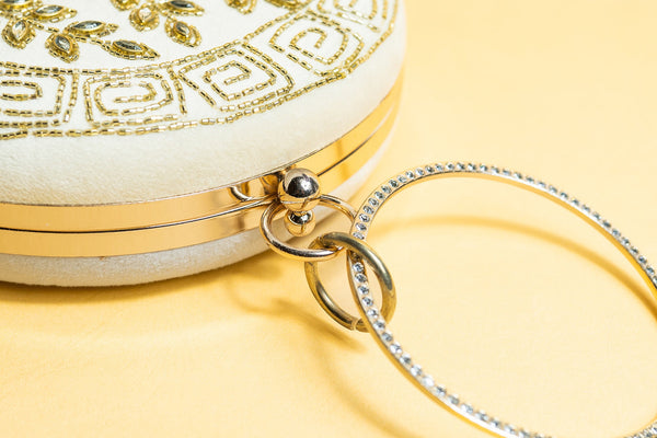 Ivory floral round hand made embroidery silk clutch bag detachable sling image 3