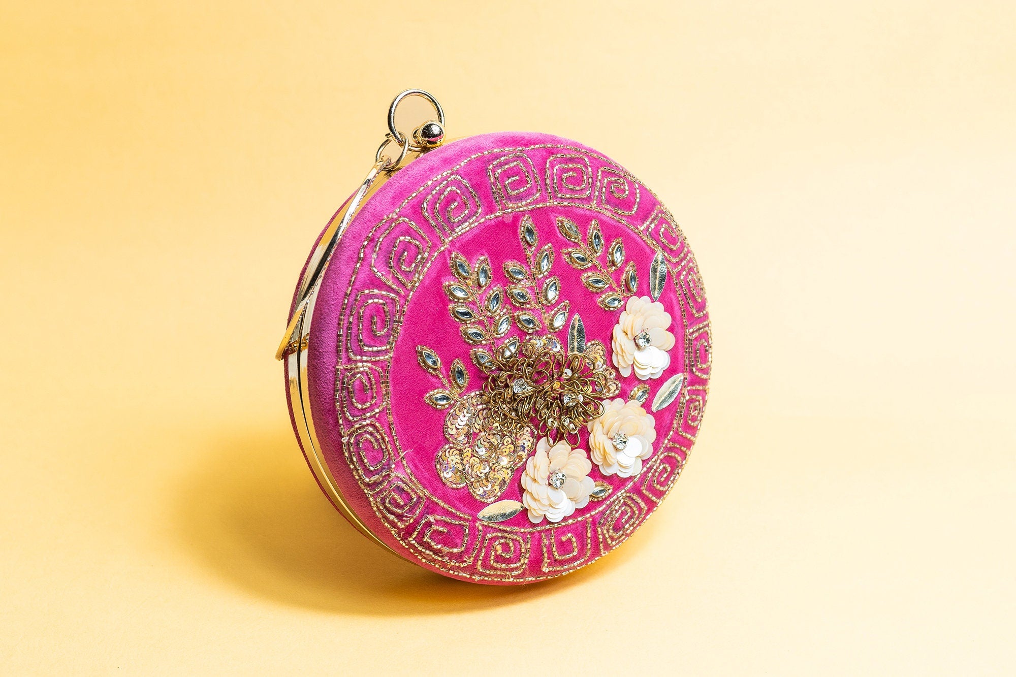 Hot pink floral round hand made embroidery silk clutch bag detachable sling