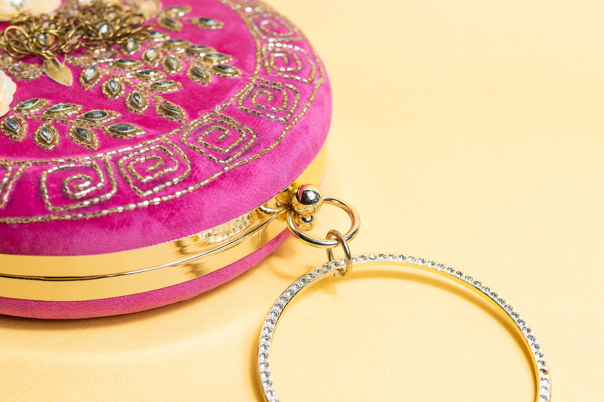 Hot pink floral round hand made embroidery silk clutch bag detachable sling
