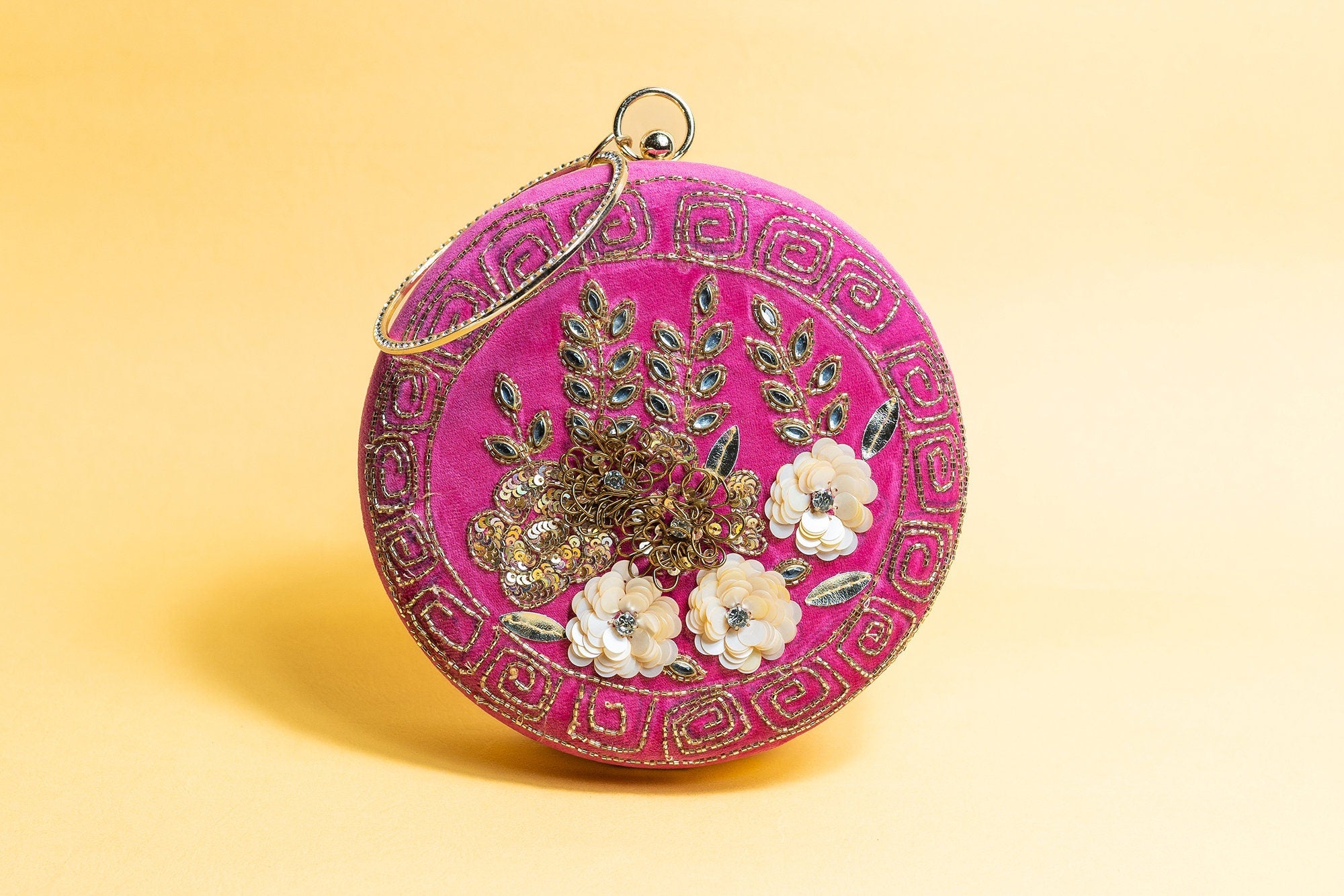 Hot pink floral round hand made embroidery silk clutch bag detachable sling