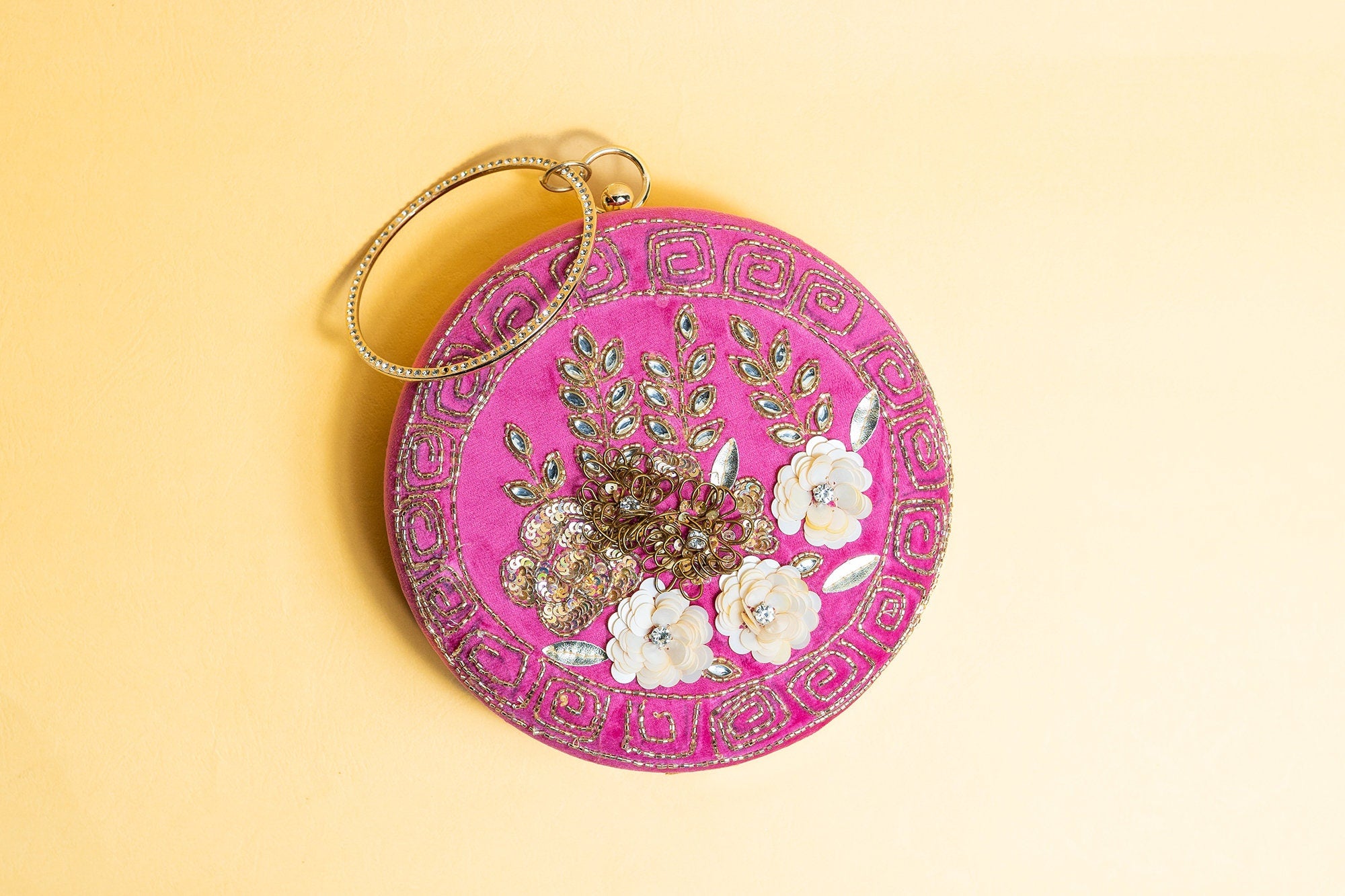 Hot pink floral round hand made embroidery silk clutch bag detachable sling